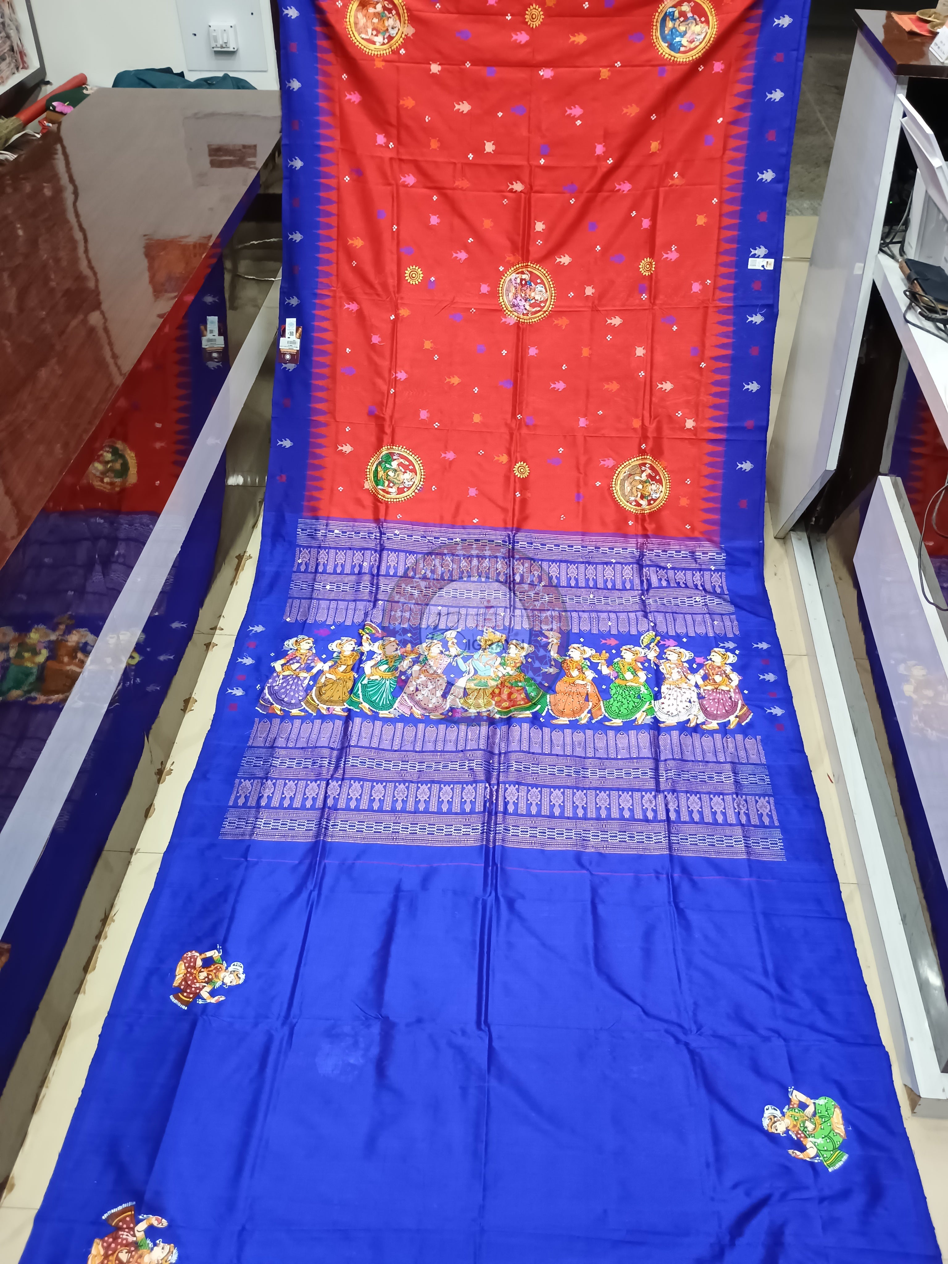 Red Blue Mastya Kachhap With Radha Krishna Rasa Theme Pattachitra Sambalpuri Silk Saree