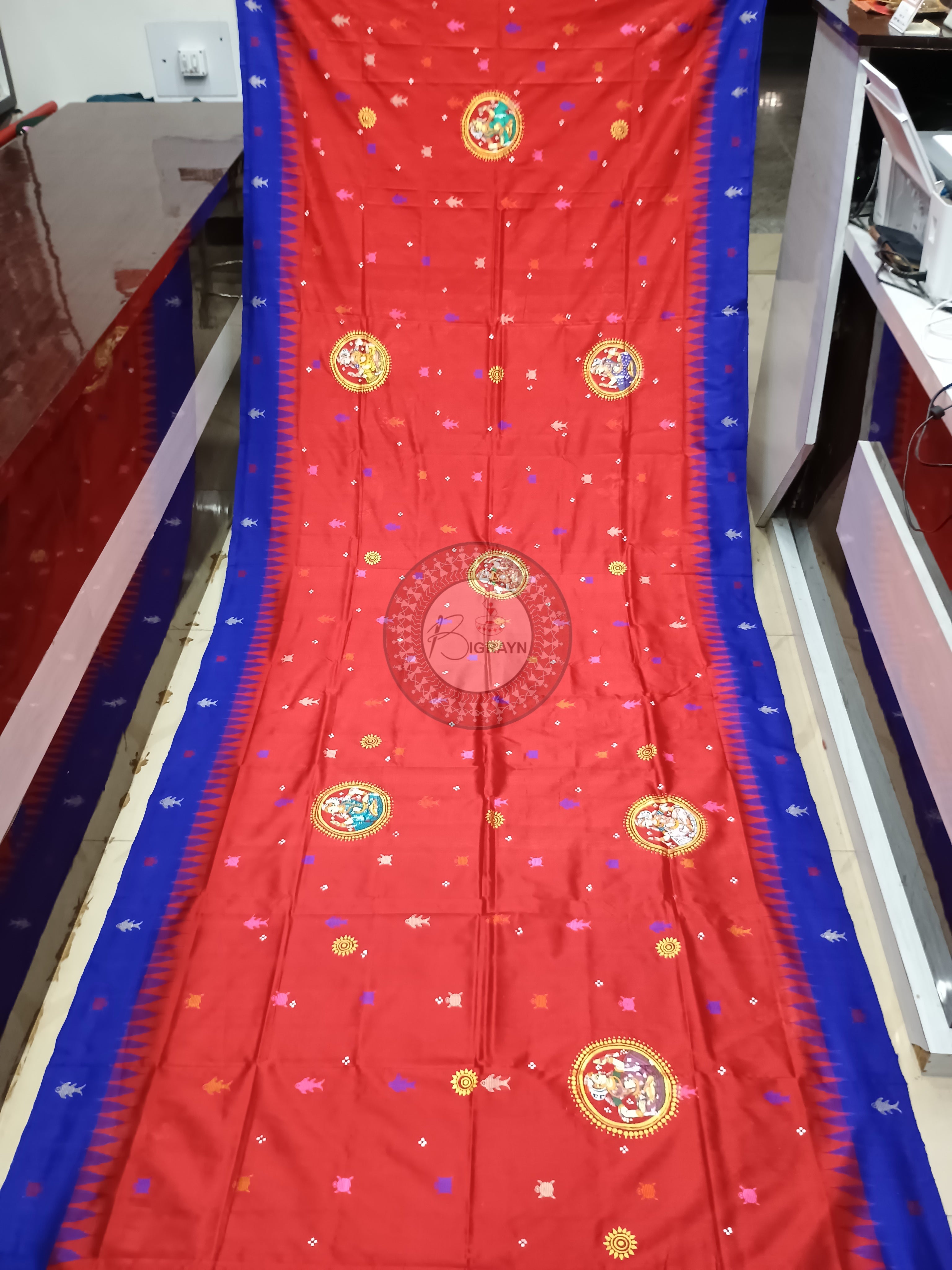Red Blue Mastya Kachhap With Radha Krishna Rasa Theme Pattachitra Sambalpuri Silk Saree