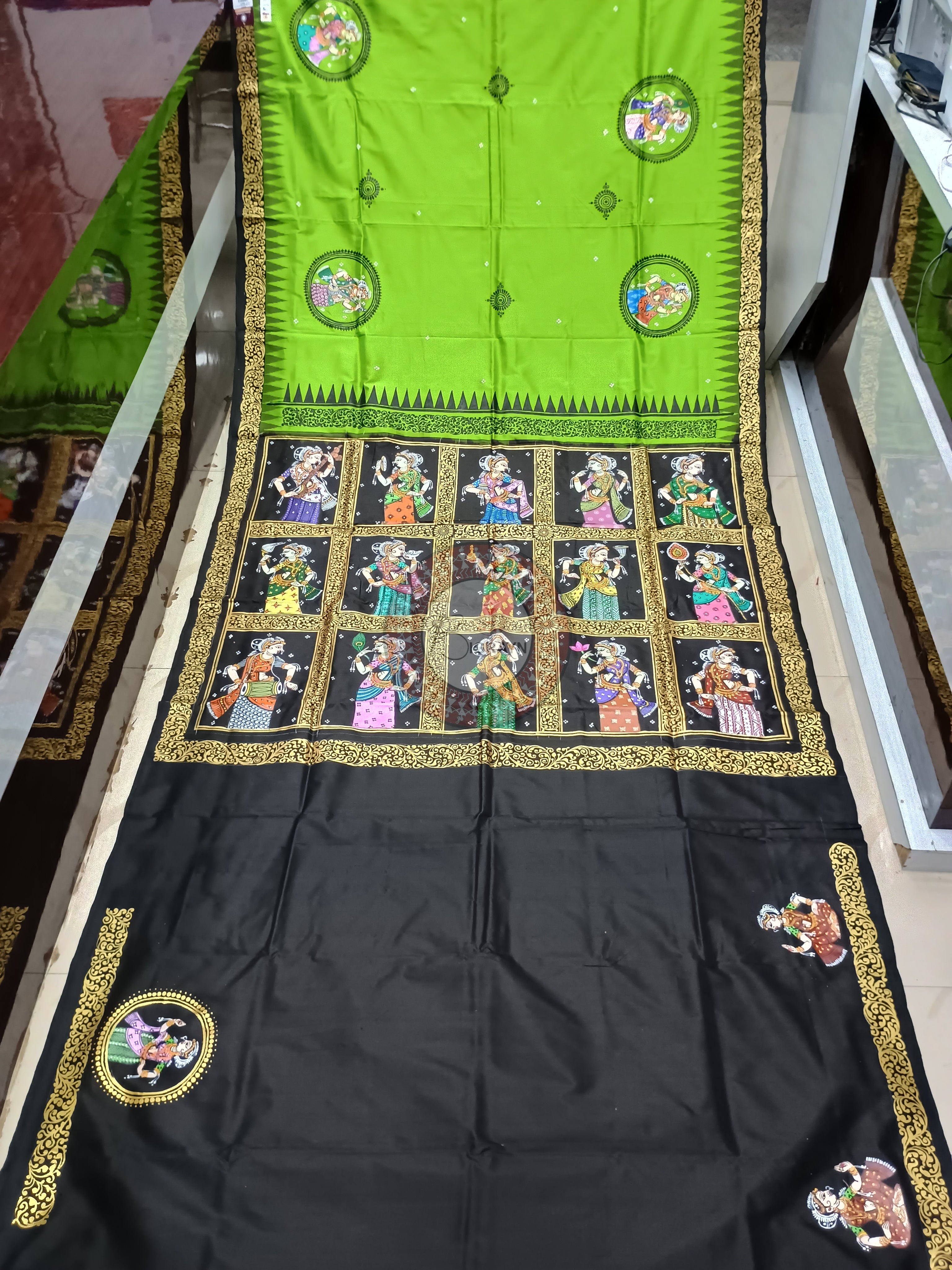 Parrot Green Black Sringara Theme Pattachitra Sambalpuri Silk Saree