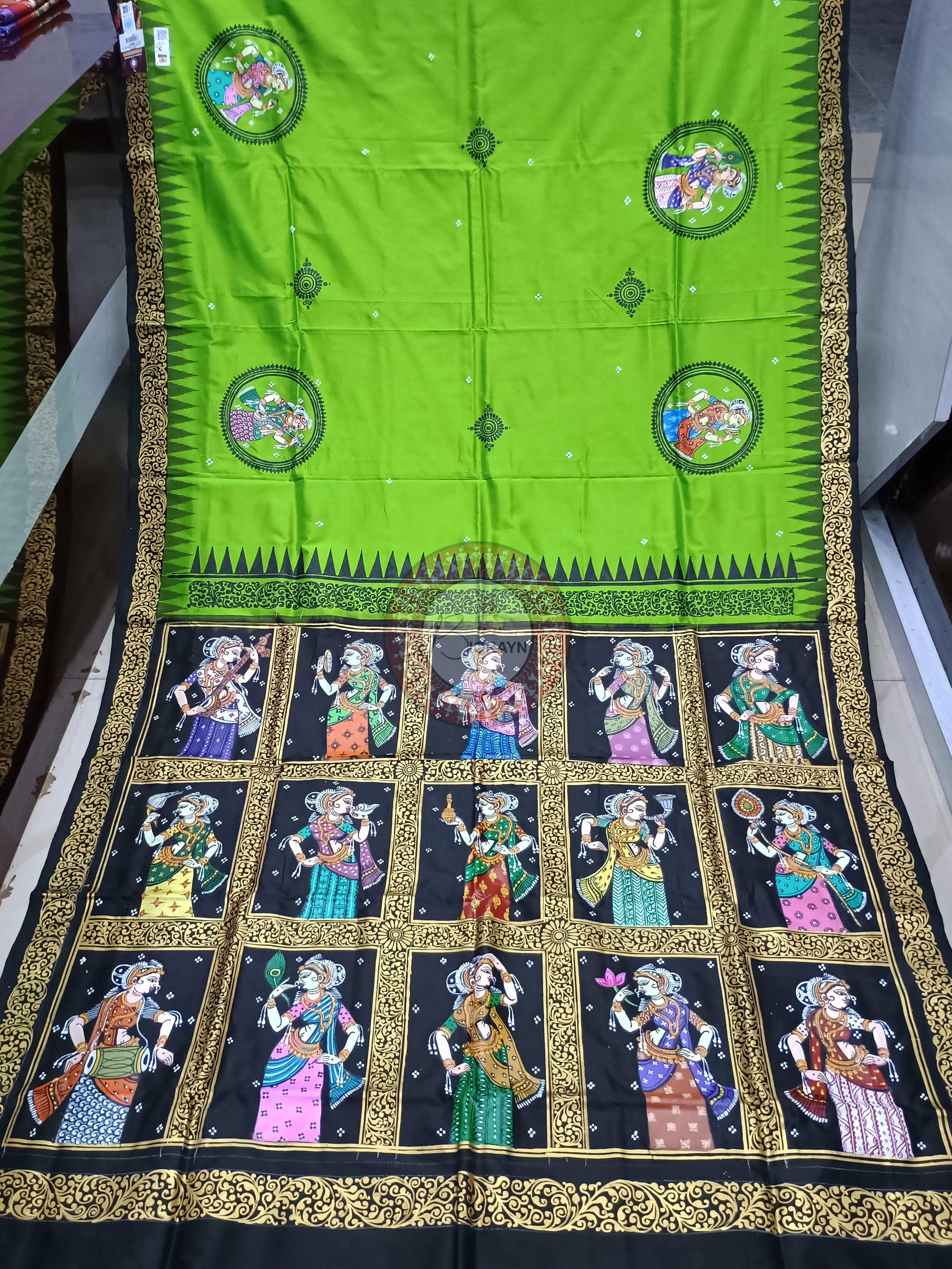 Parrot Green Black Sringara Theme Pattachitra Sambalpuri Silk Saree