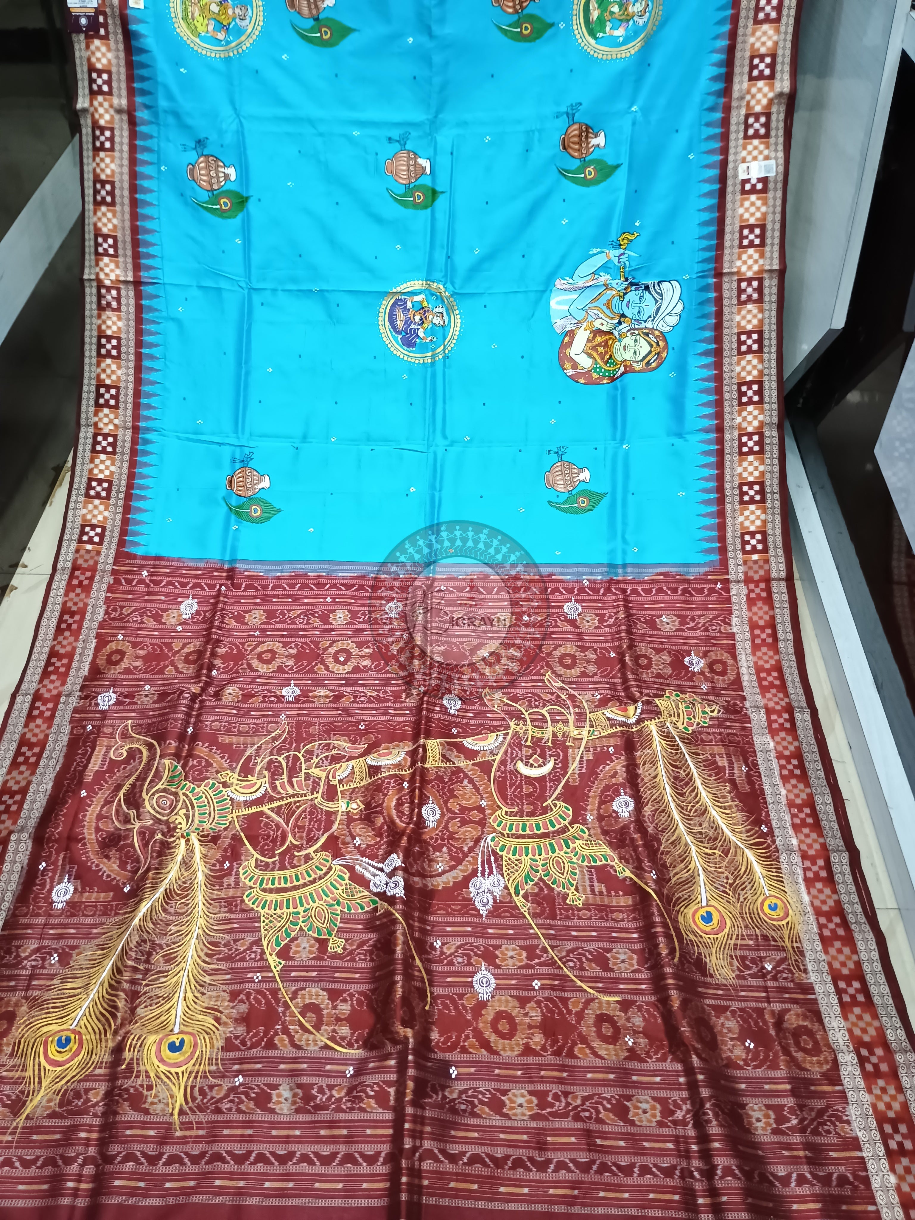 Copper Sulphate Maroon Adrushya Banshi Theme Pattachitra Sambalpuri Sakta Border Silk Saree