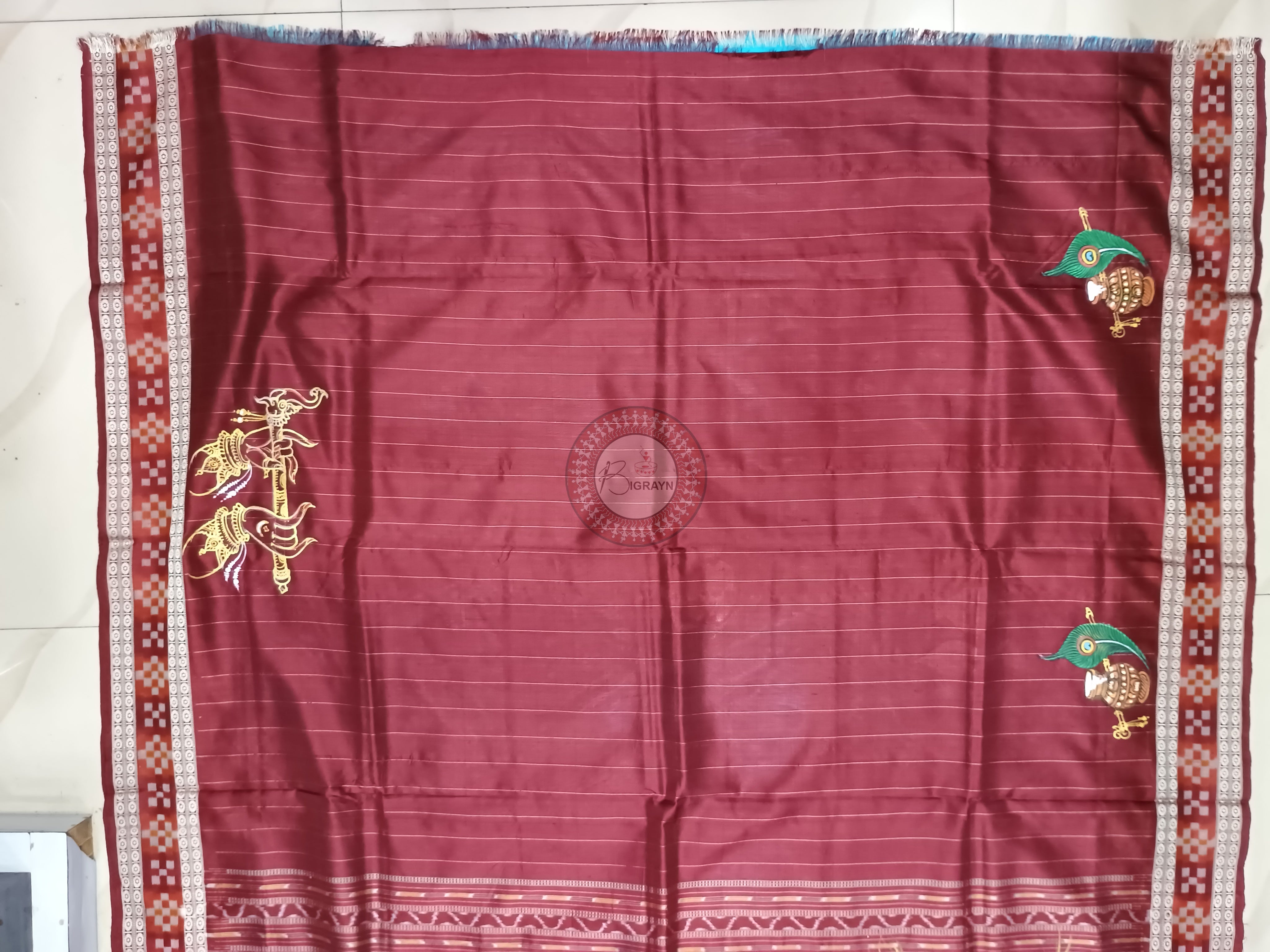 Copper Sulphate Maroon Adrushya Banshi Theme Pattachitra Sambalpuri Sakta Border Silk Saree