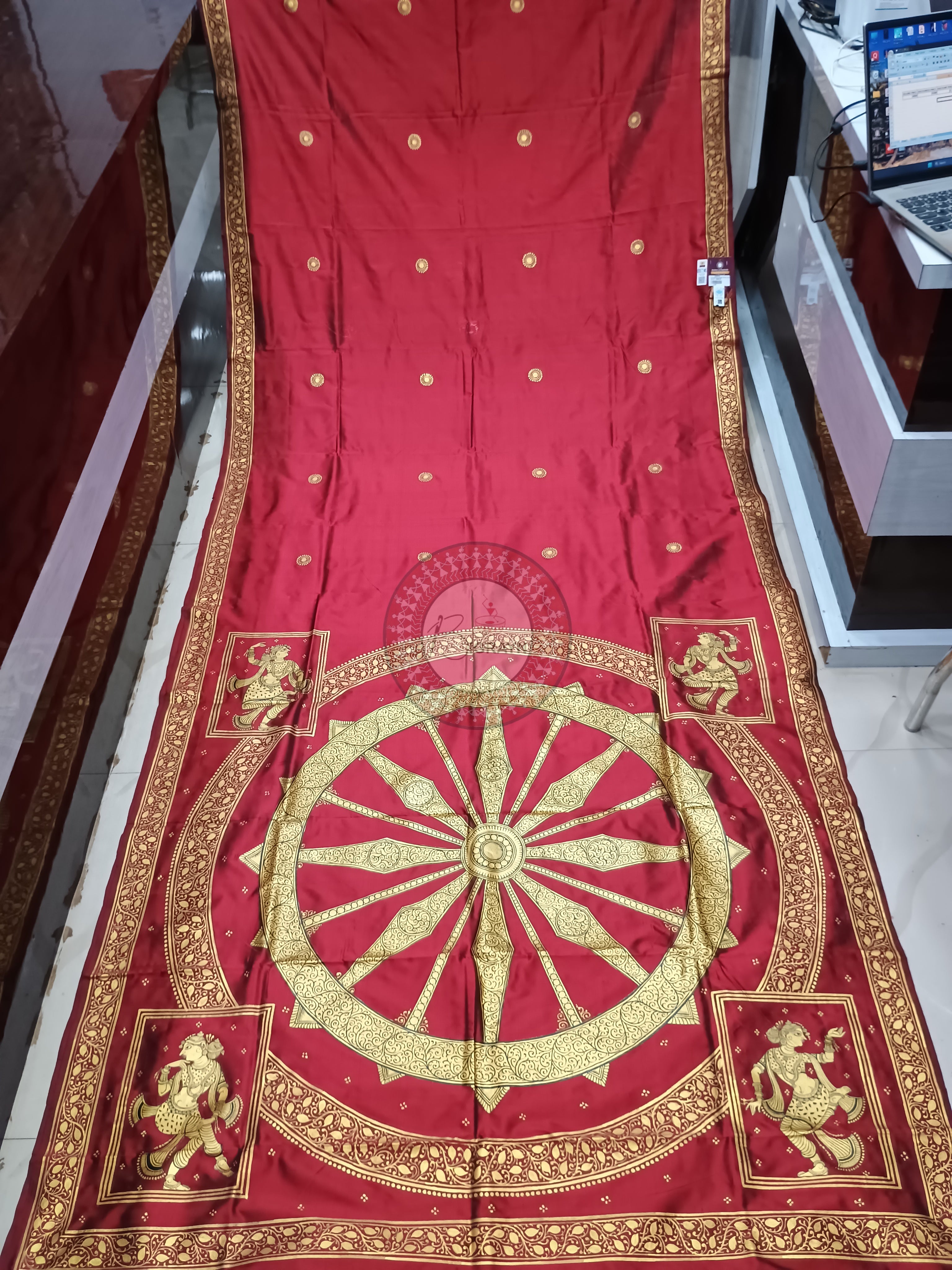 Maroon Konark Wheel Theme Pattachitra Sambalpuri Silk Saree