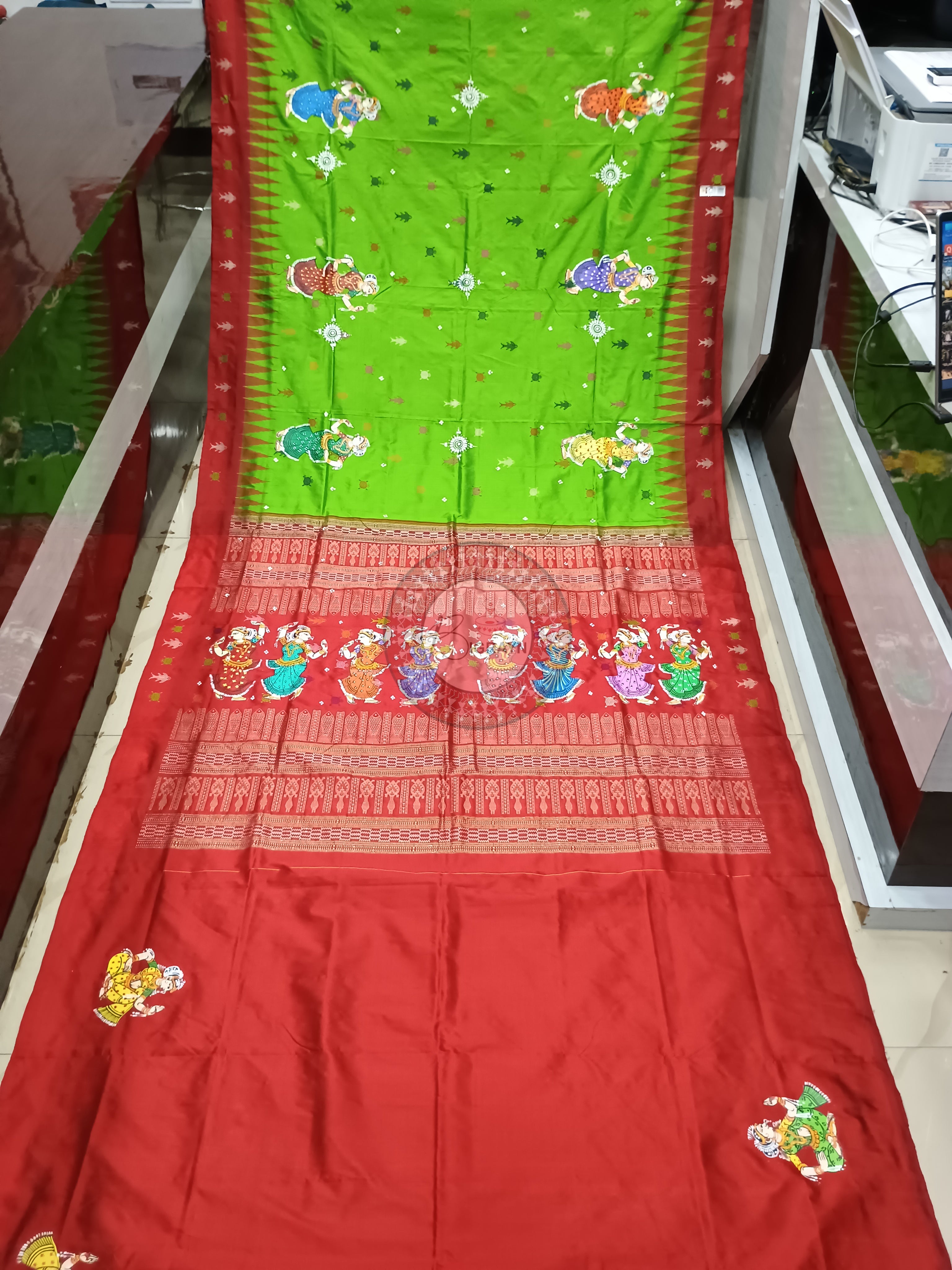 Green Red Mastya Kachhap With Dancer Theme Pattachitra Sambalpuri Silk Saree
