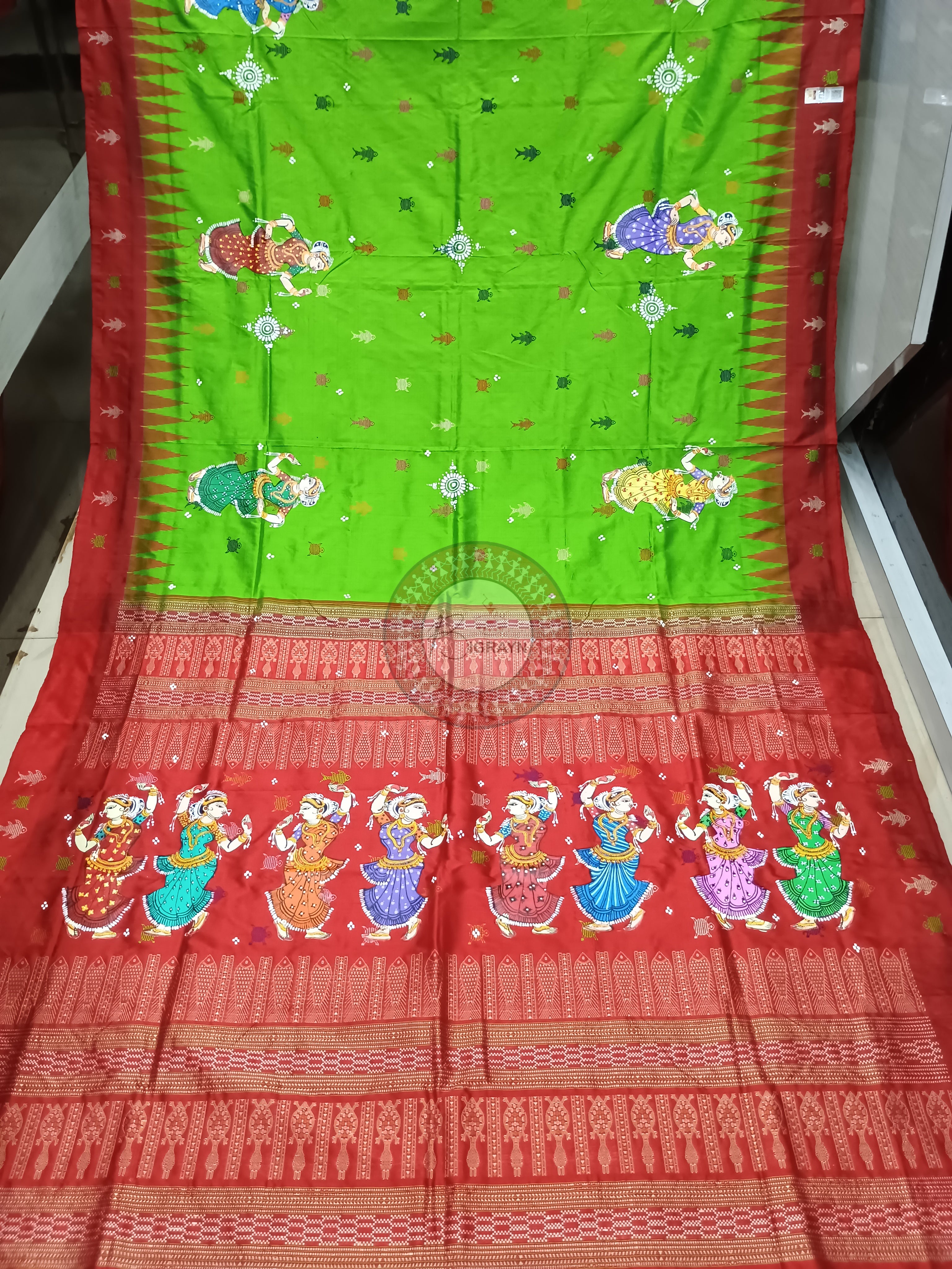 Green Red Mastya Kachhap With Dancer Theme Pattachitra Sambalpuri Silk Saree