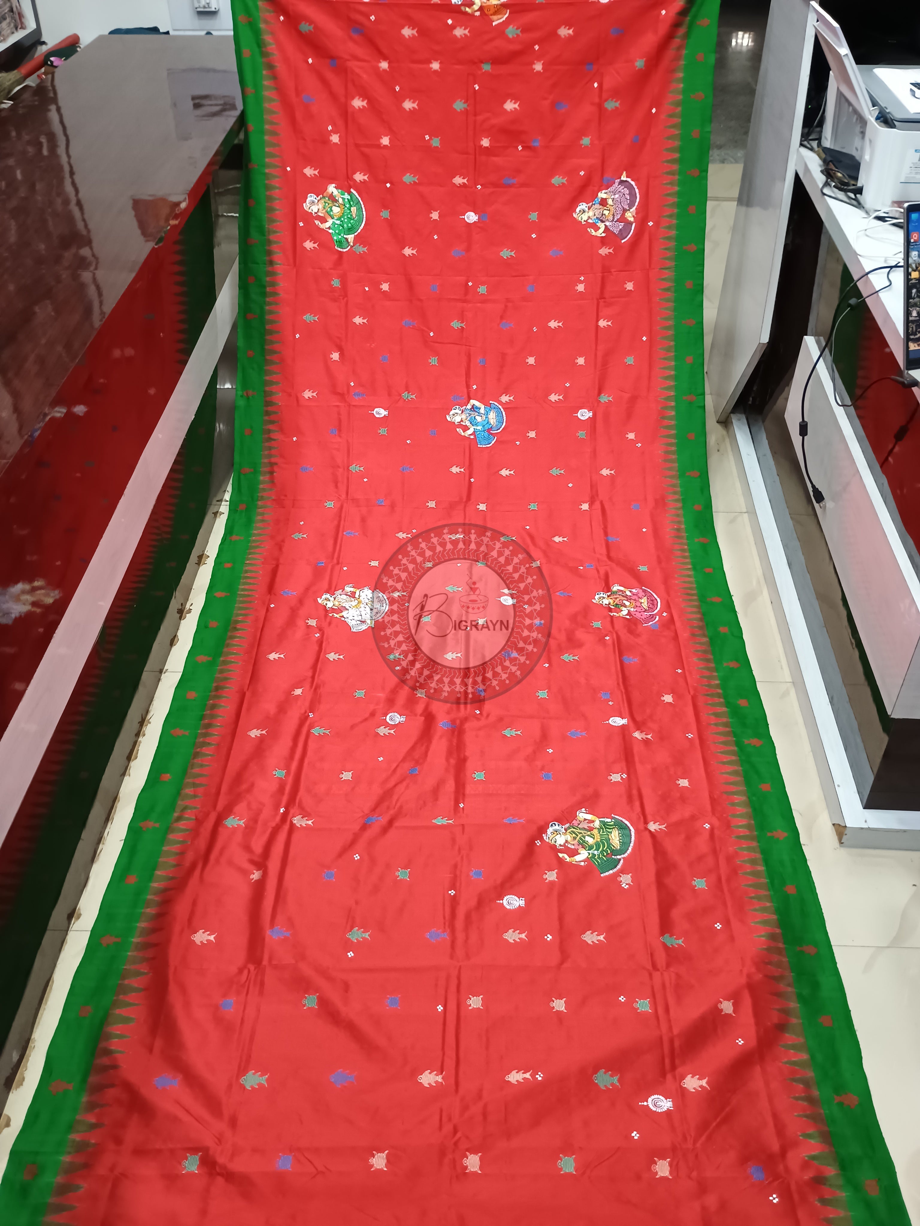 Red Green Mastya Kachhap With Dancer Theme Pattachitra Sambalpuri Silk Saree
