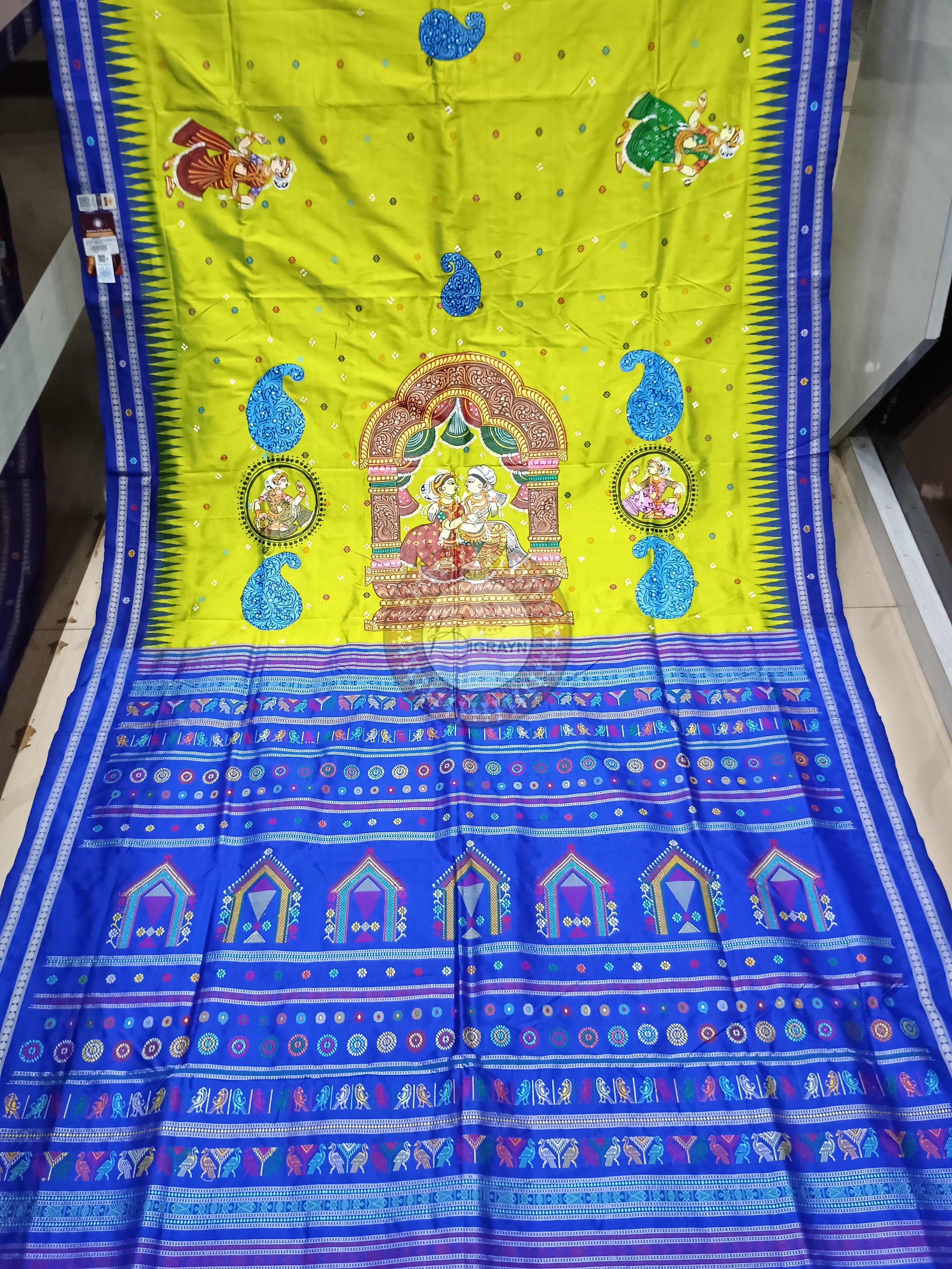 Neon Green Dolabedi With Dola Design Theme Pattachitra Sambalpuri Silk Saree