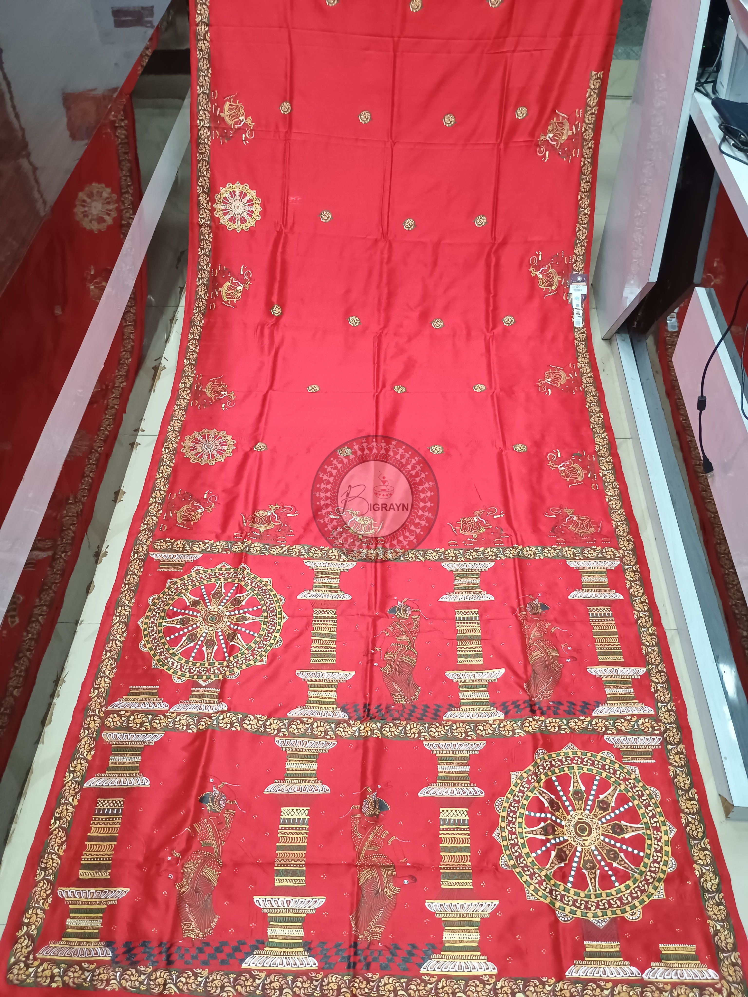 Red Konark Chakra And Dancer Theme Pattachitra Sambalpuri Silk Saree