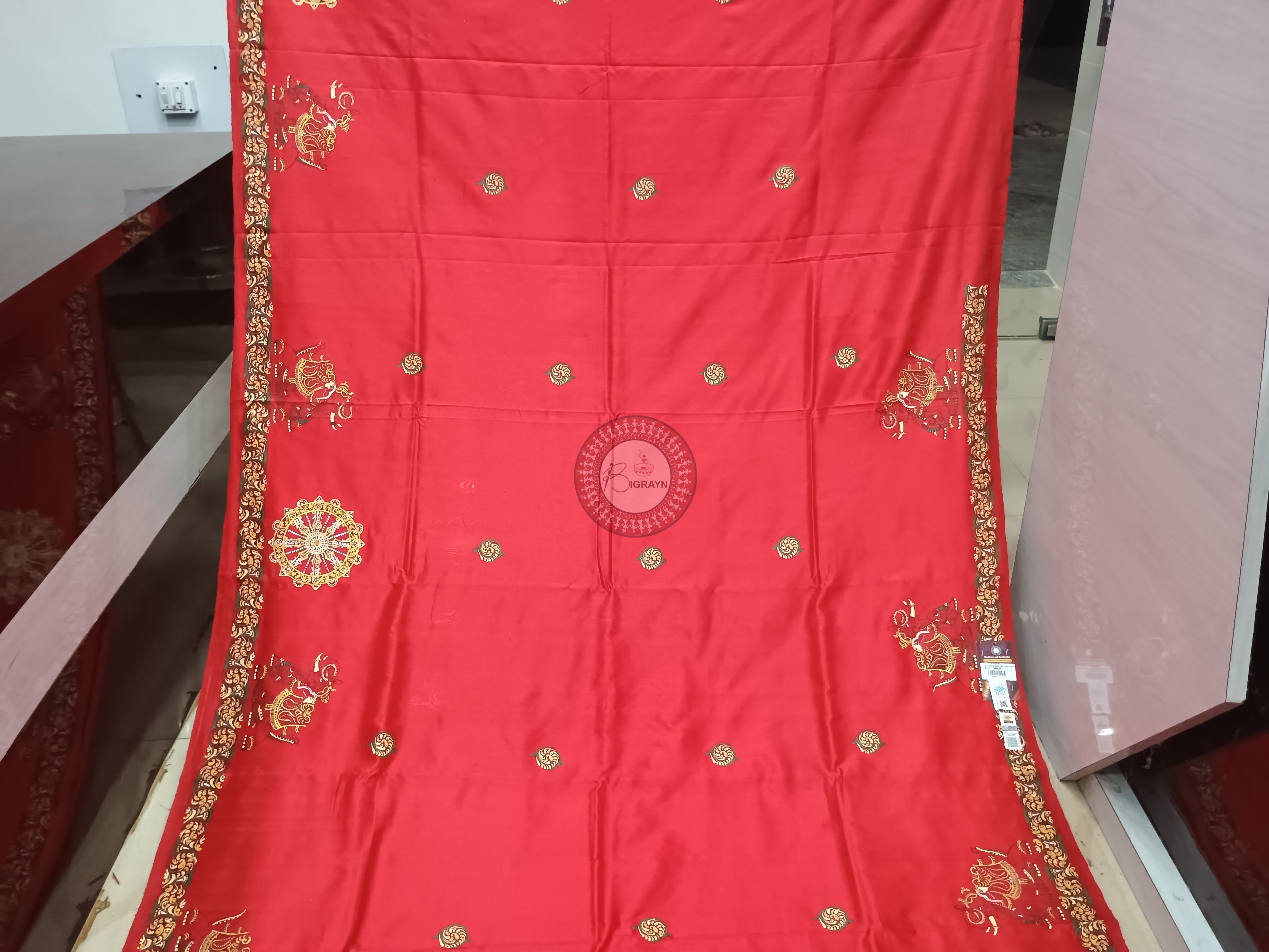 Red Konark Chakra And Dancer Theme Pattachitra Sambalpuri Silk Saree