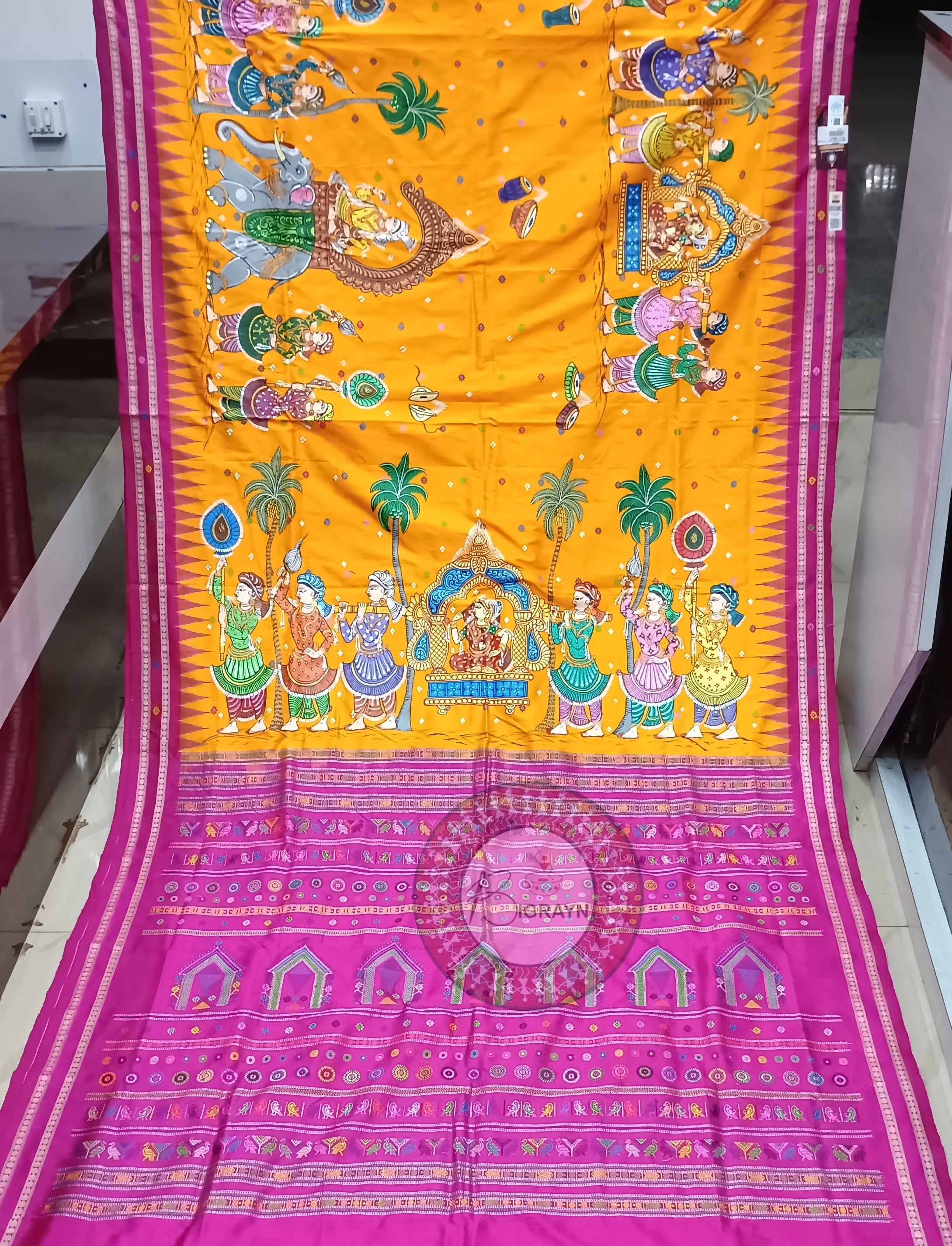 Orange Magenta Dolabedi With Marriage Theme Pattachitra Sambalpuri Silk Saree