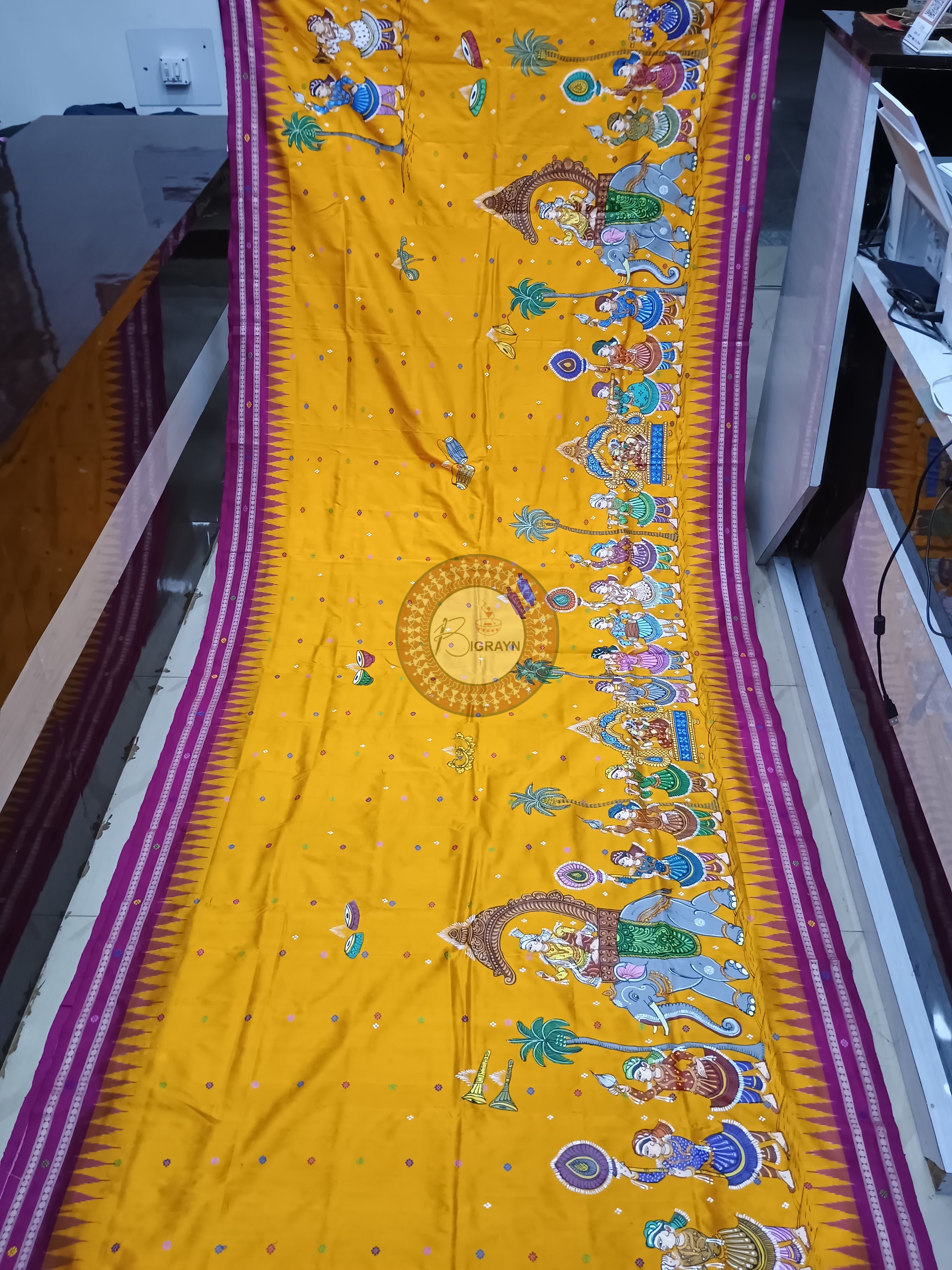 Orange Magenta Dolabedi With Marriage Theme Pattachitra Sambalpuri Silk Saree