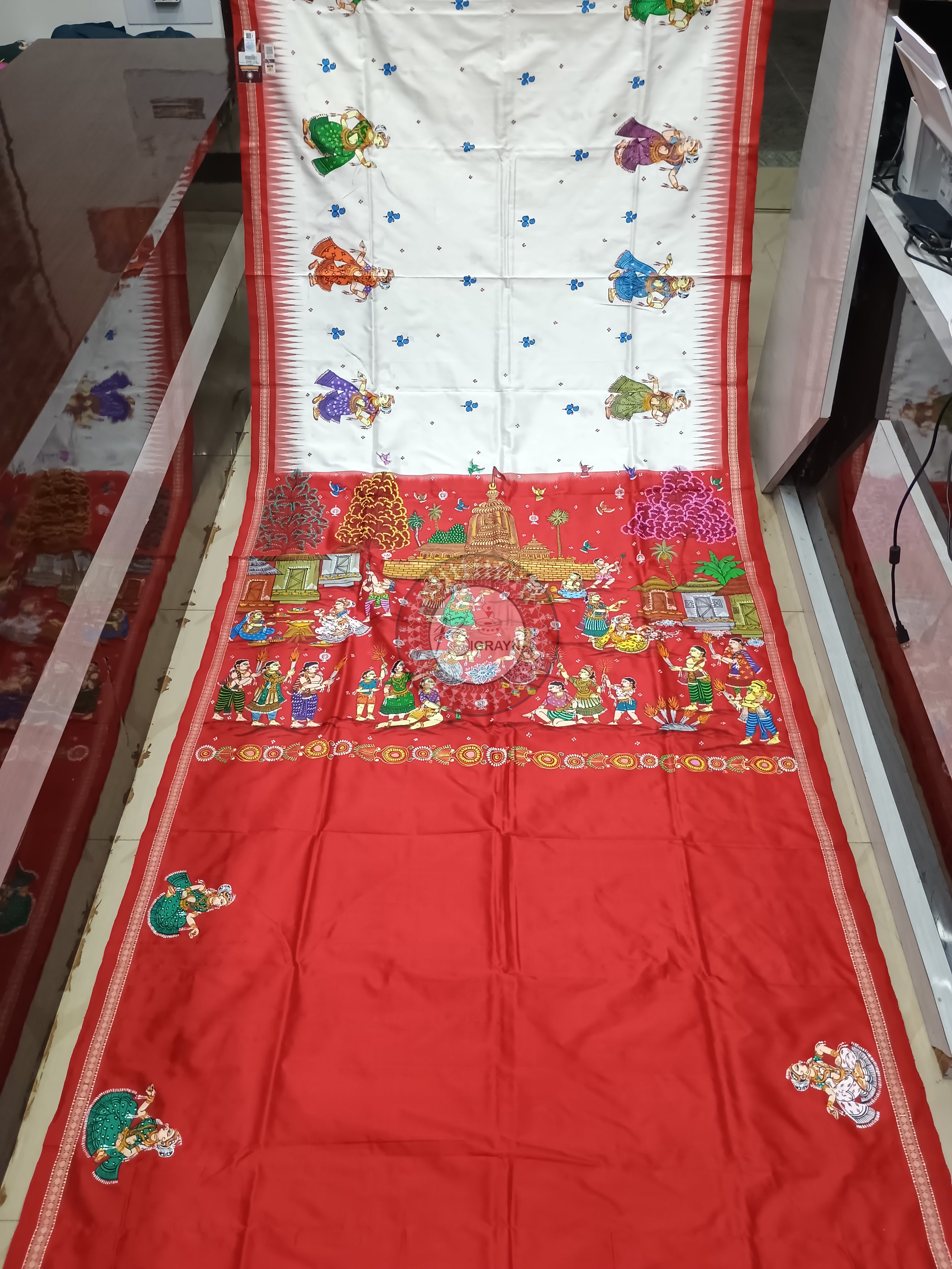 White Red Diwali Theme Pattachitra Sambalpuri Silk Saree