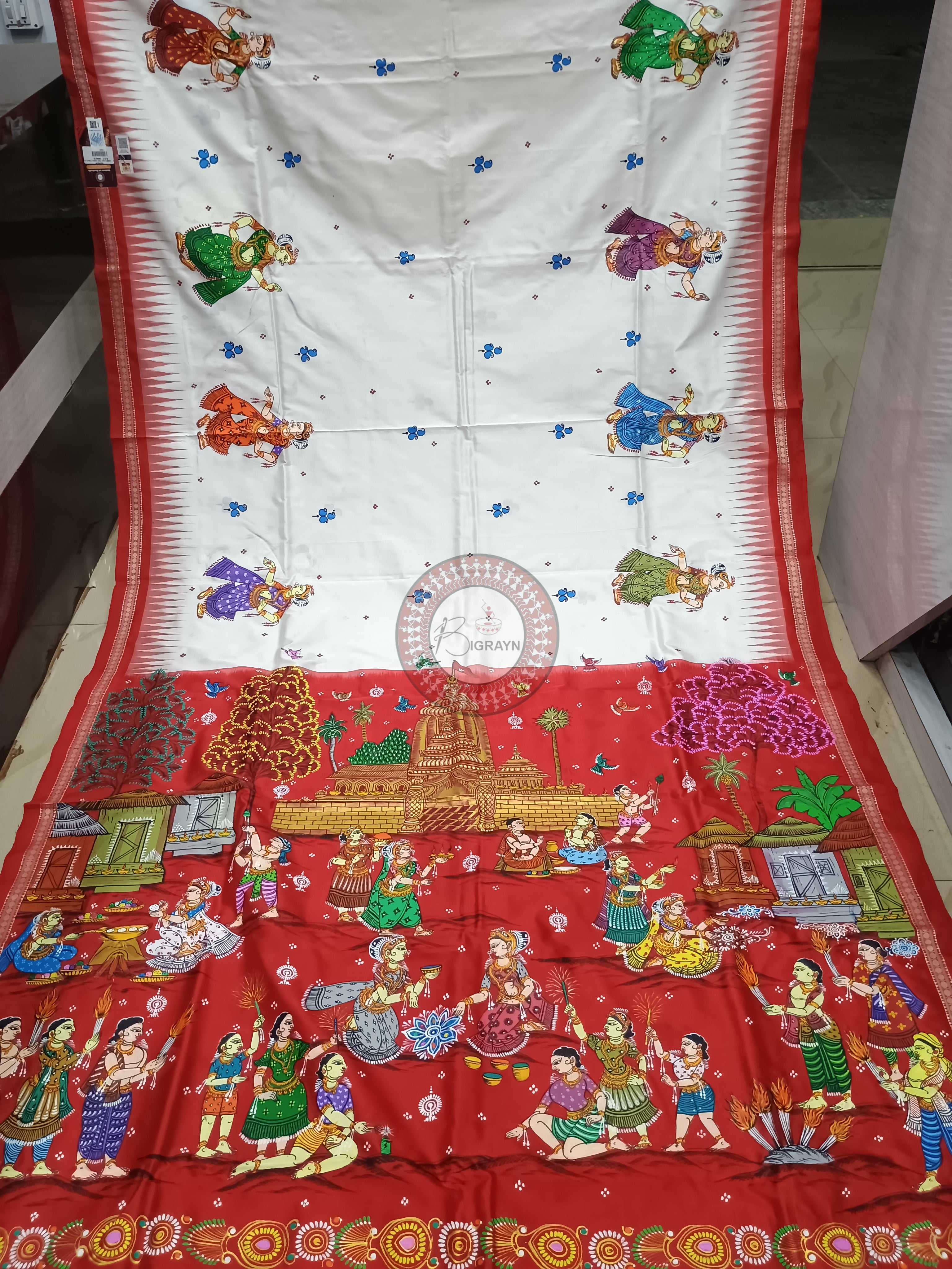 White Red Diwali Theme Pattachitra Sambalpuri Silk Saree