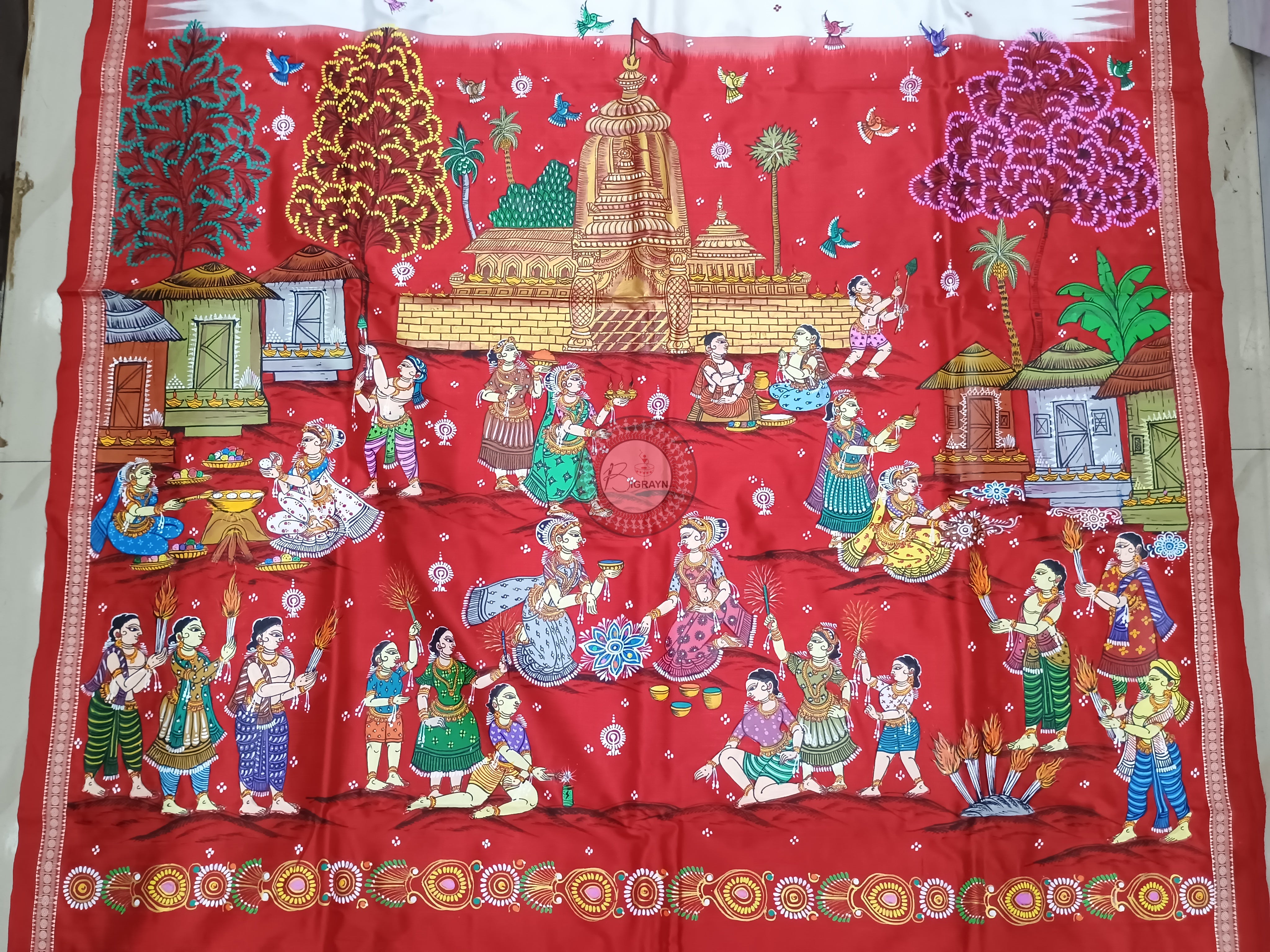 White Red Diwali Theme Pattachitra Sambalpuri Silk Saree
