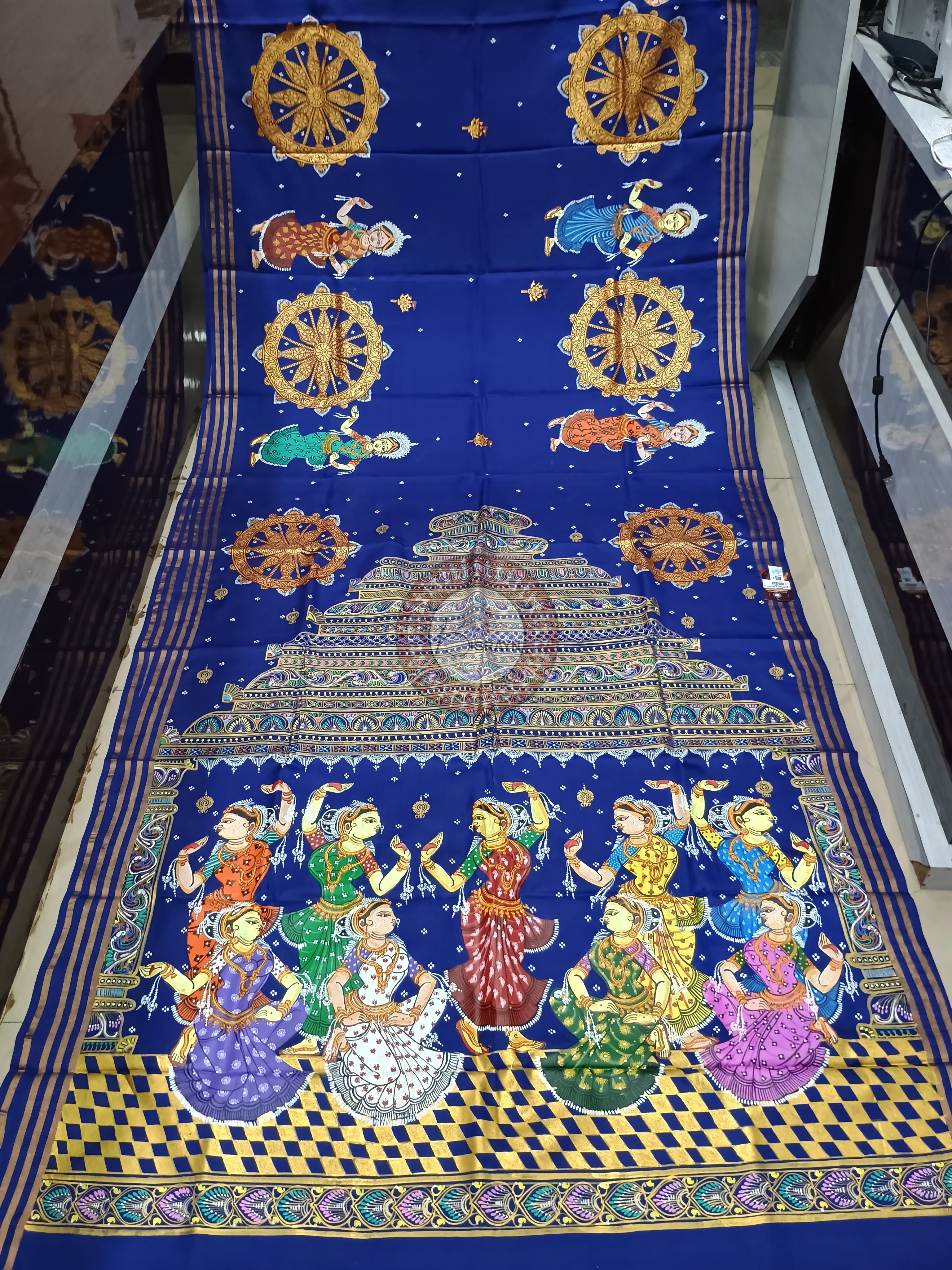 Blue Konark Temple And Dancer  Theme Pattachitra Kanjeeveram Silk Saree