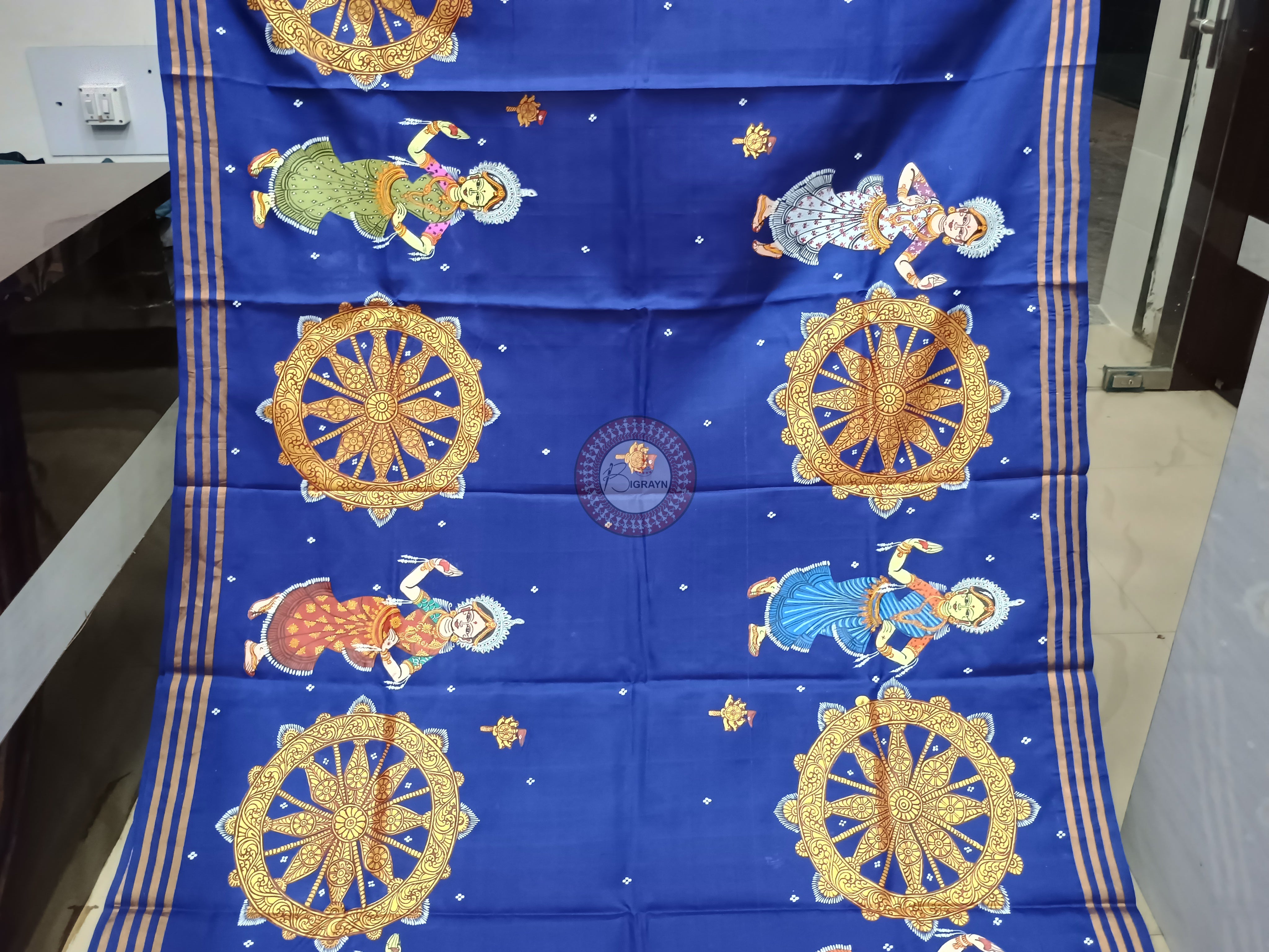 Blue Konark Temple And Dancer  Theme Pattachitra Kanjeeveram Silk Saree