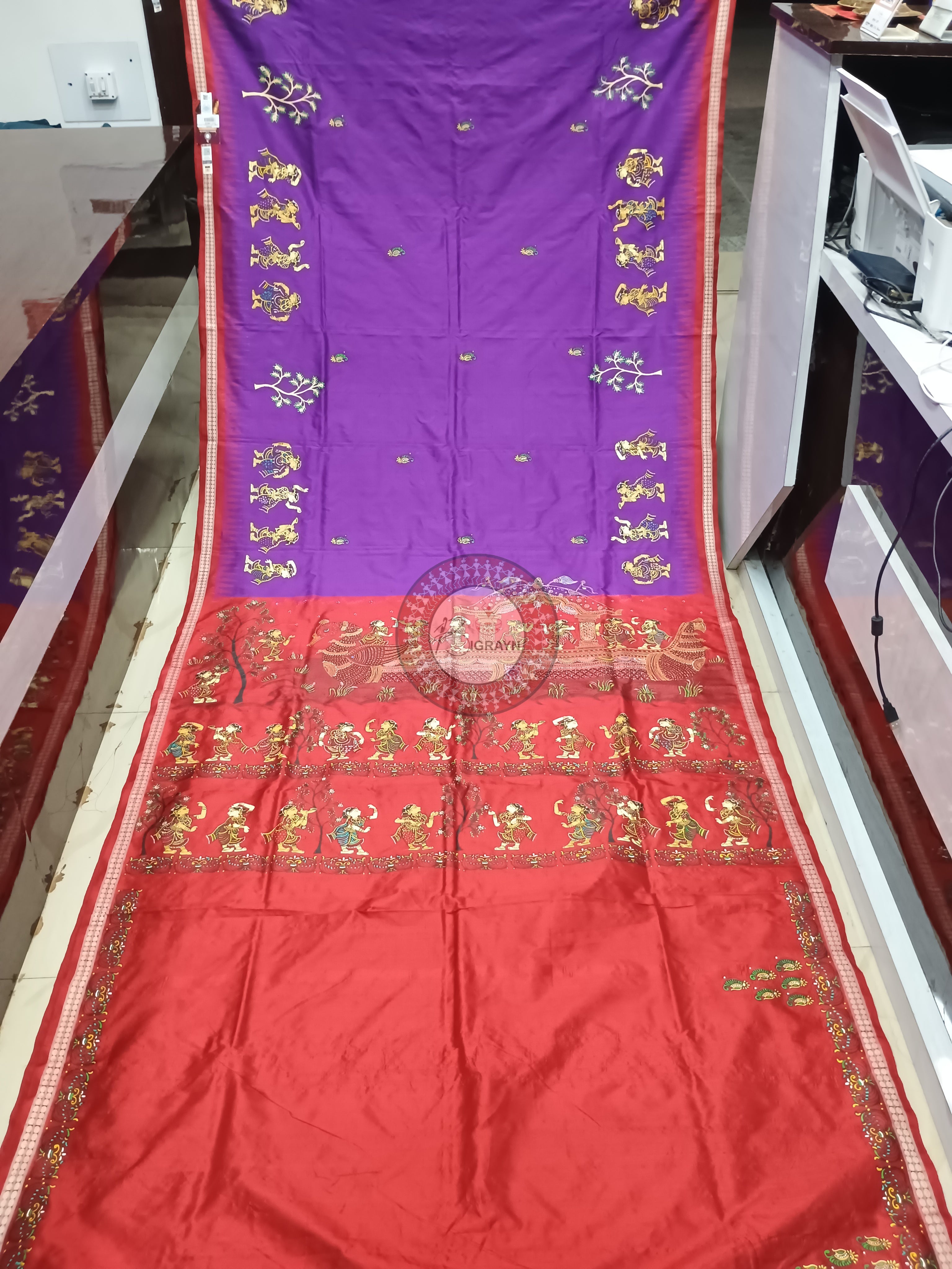 Purple Red Nabakeli Boita Theme Pattachitra Sambalpuri Silk Saree