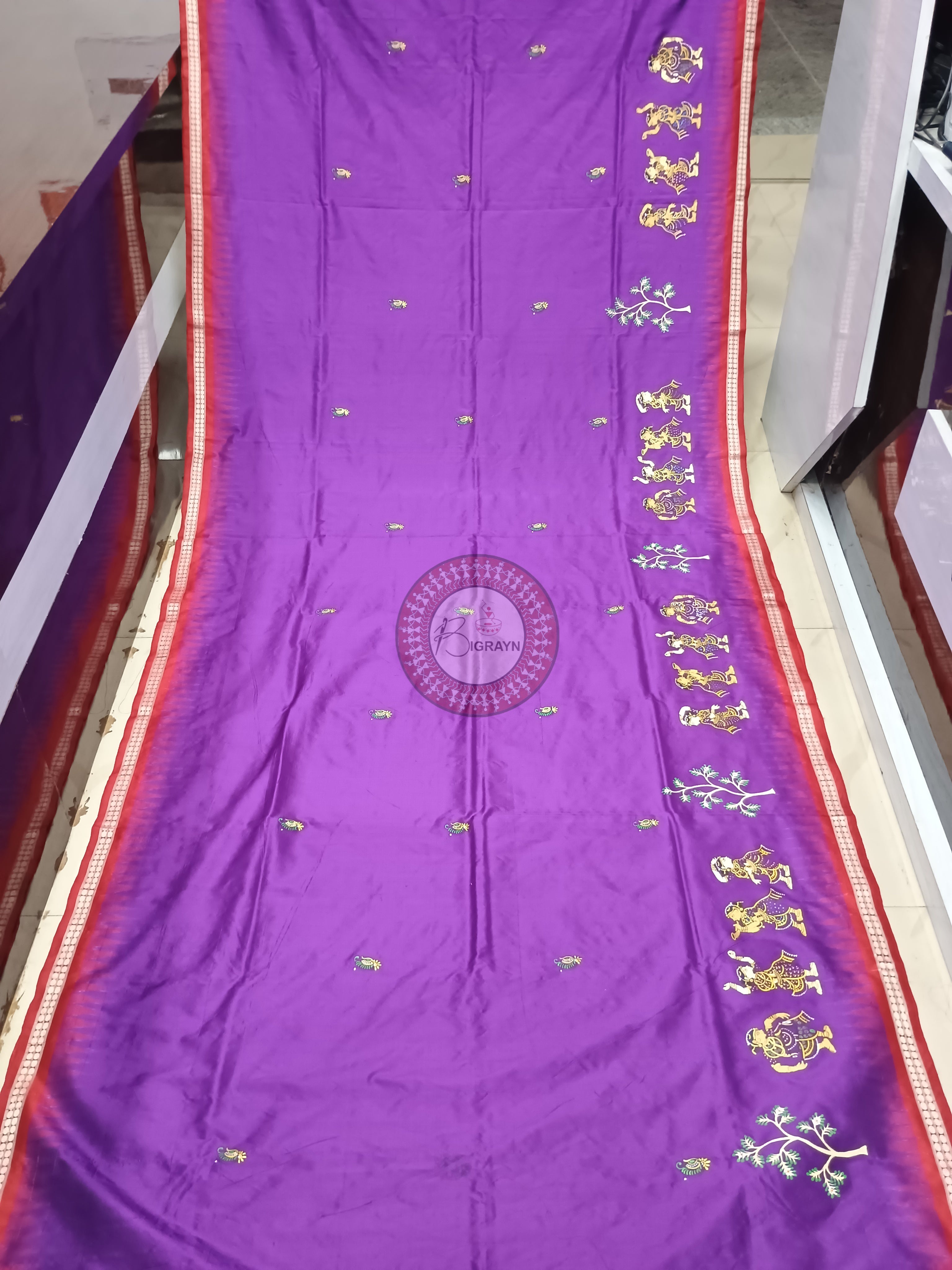 Purple Red Nabakeli Boita Theme Pattachitra Sambalpuri Silk Saree