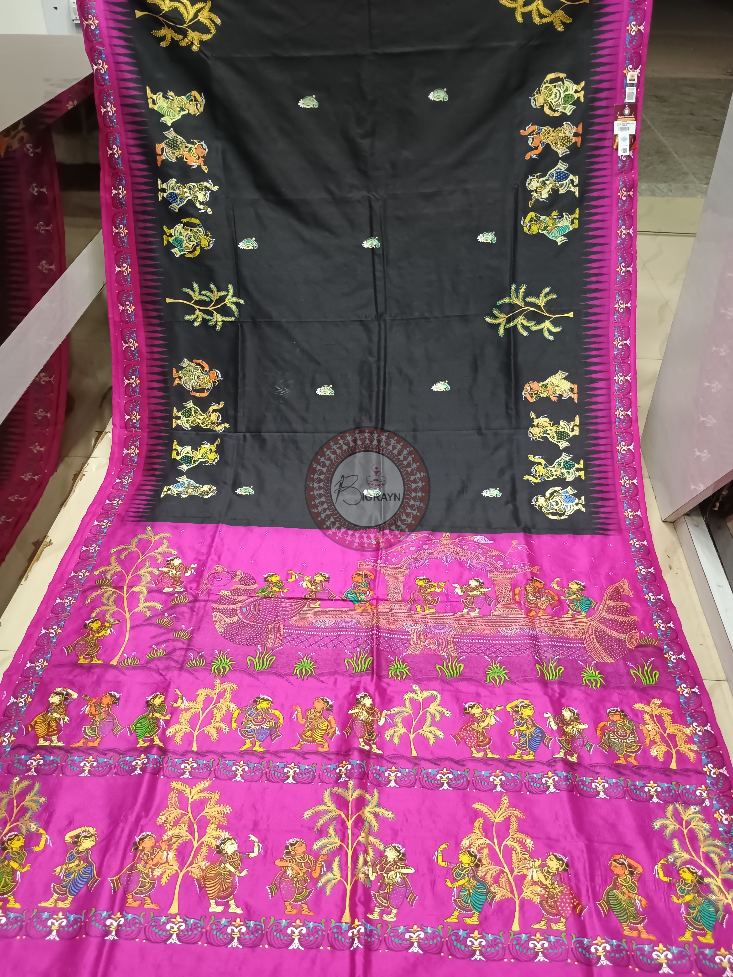 Black Magenta Nabakeli Boita Theme Pattachitra Sambalpuri Silk Saree