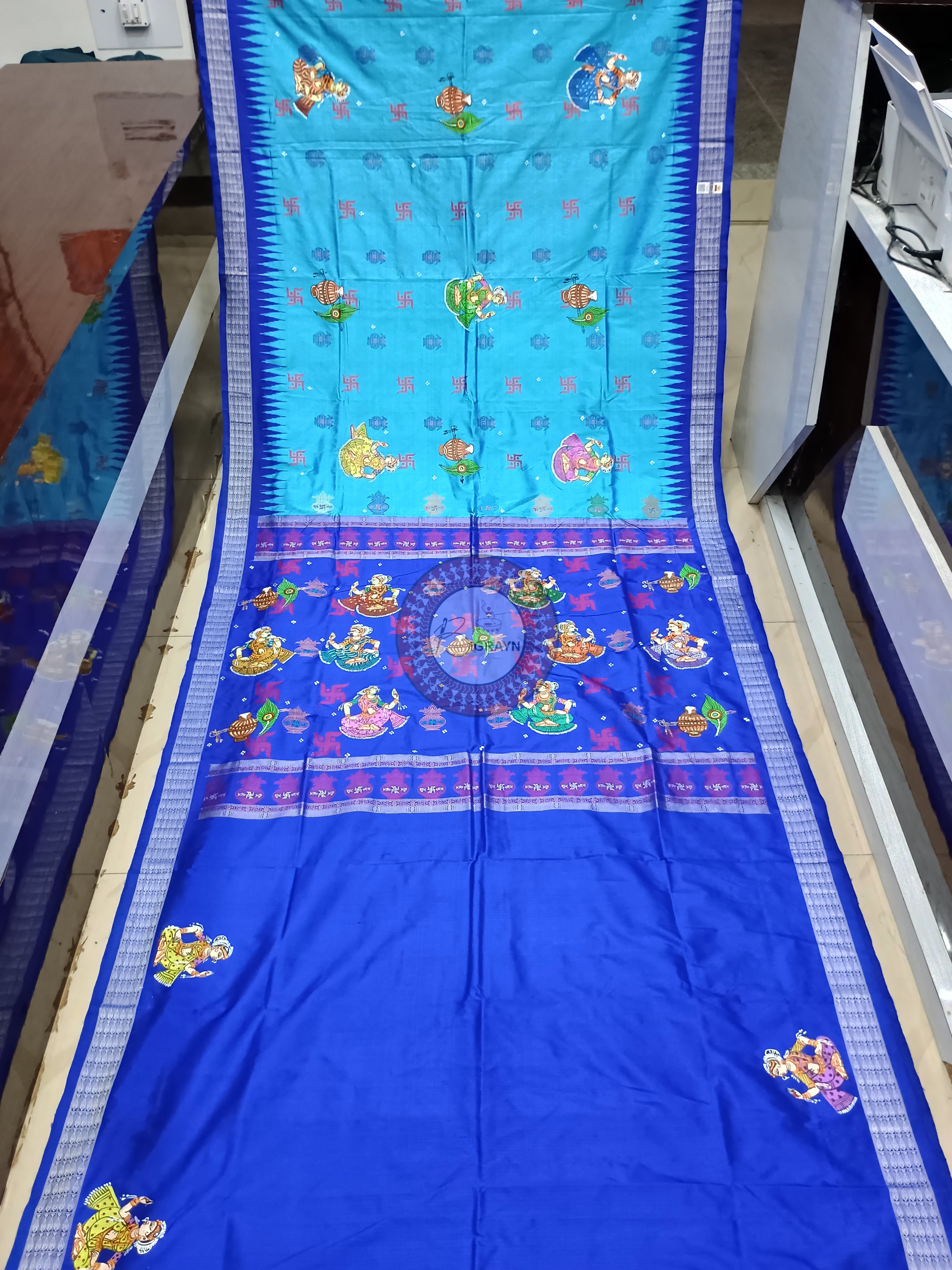 Sky Blue Blue Swastik Kalashi With Dancer Theme Pattachitra Sambalpuri Silk Saree