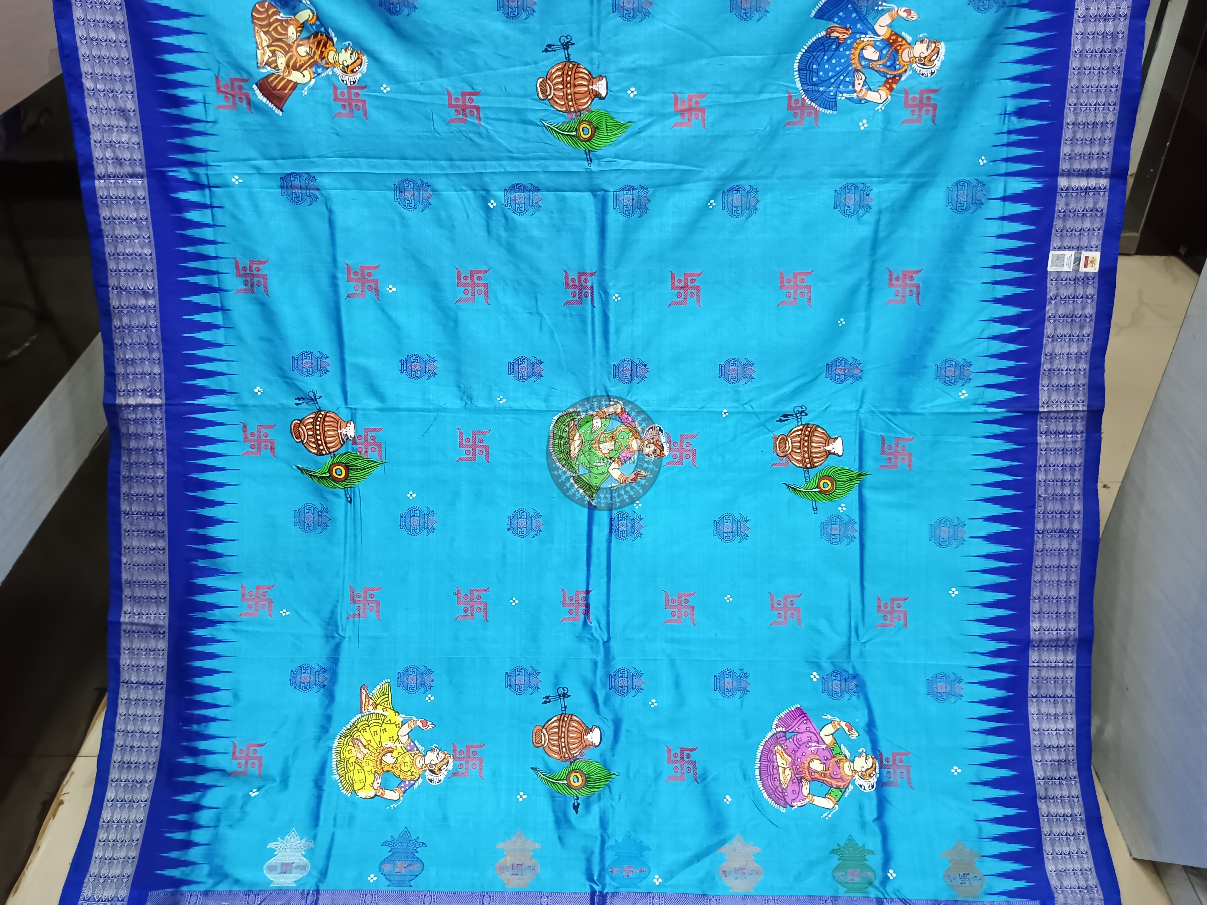 Sky Blue Blue Swastik Kalashi With Dancer Theme Pattachitra Sambalpuri Silk Saree