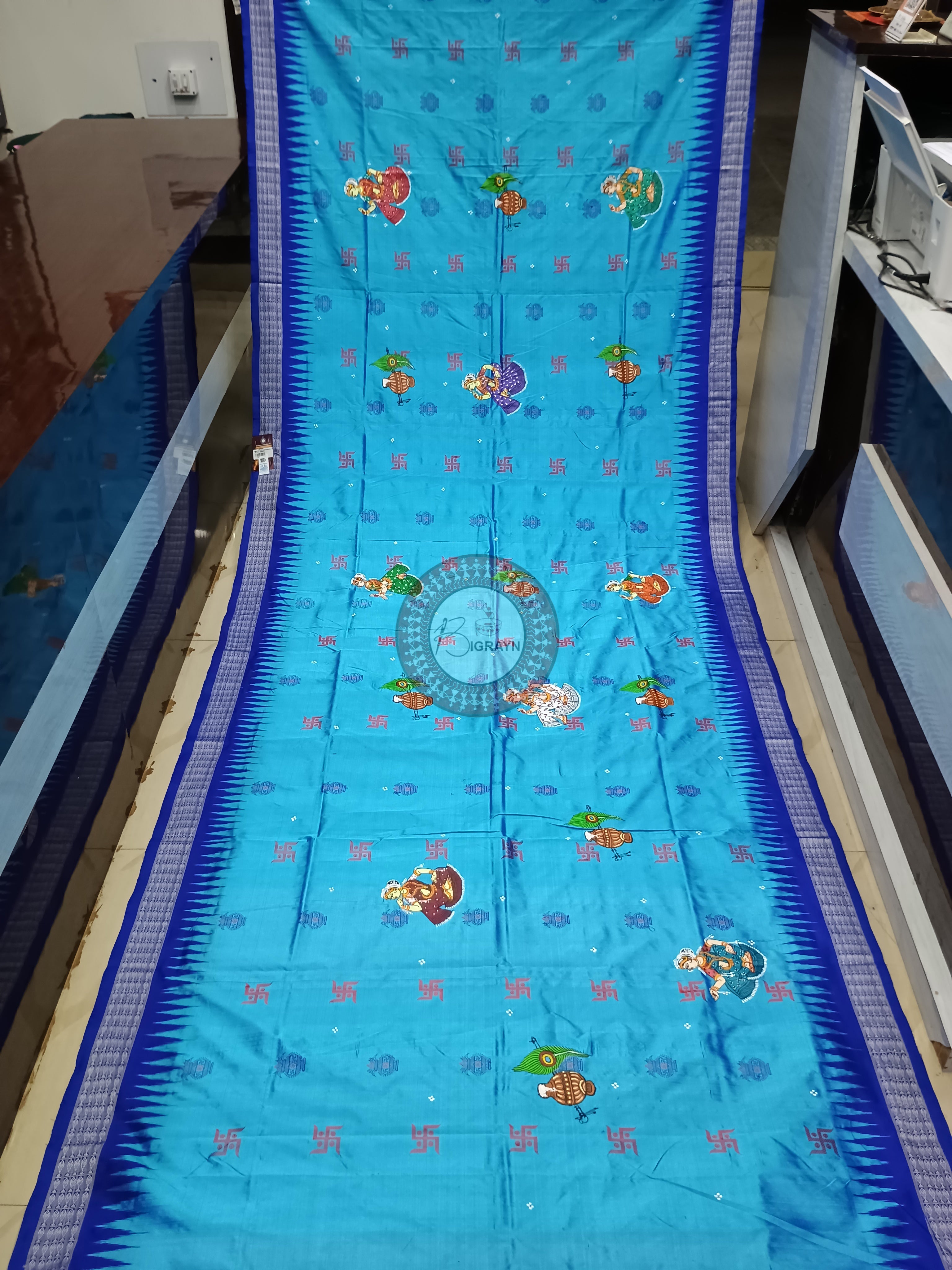 Sky Blue Blue Swastik Kalashi With Dancer Theme Pattachitra Sambalpuri Silk Saree