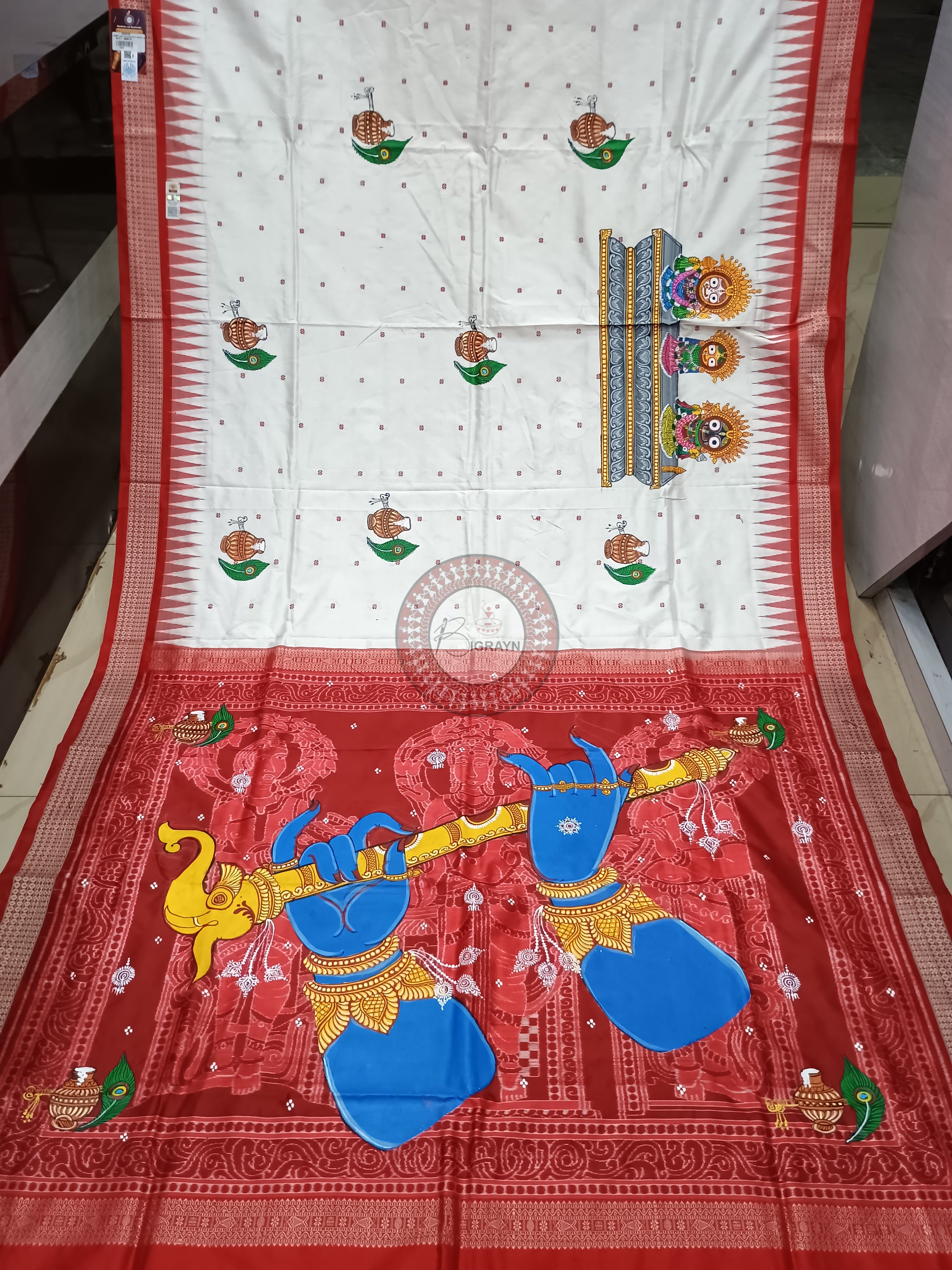 White Red Adrushya Banshi Theme Pattachitra Sambalpuri Silk Saree