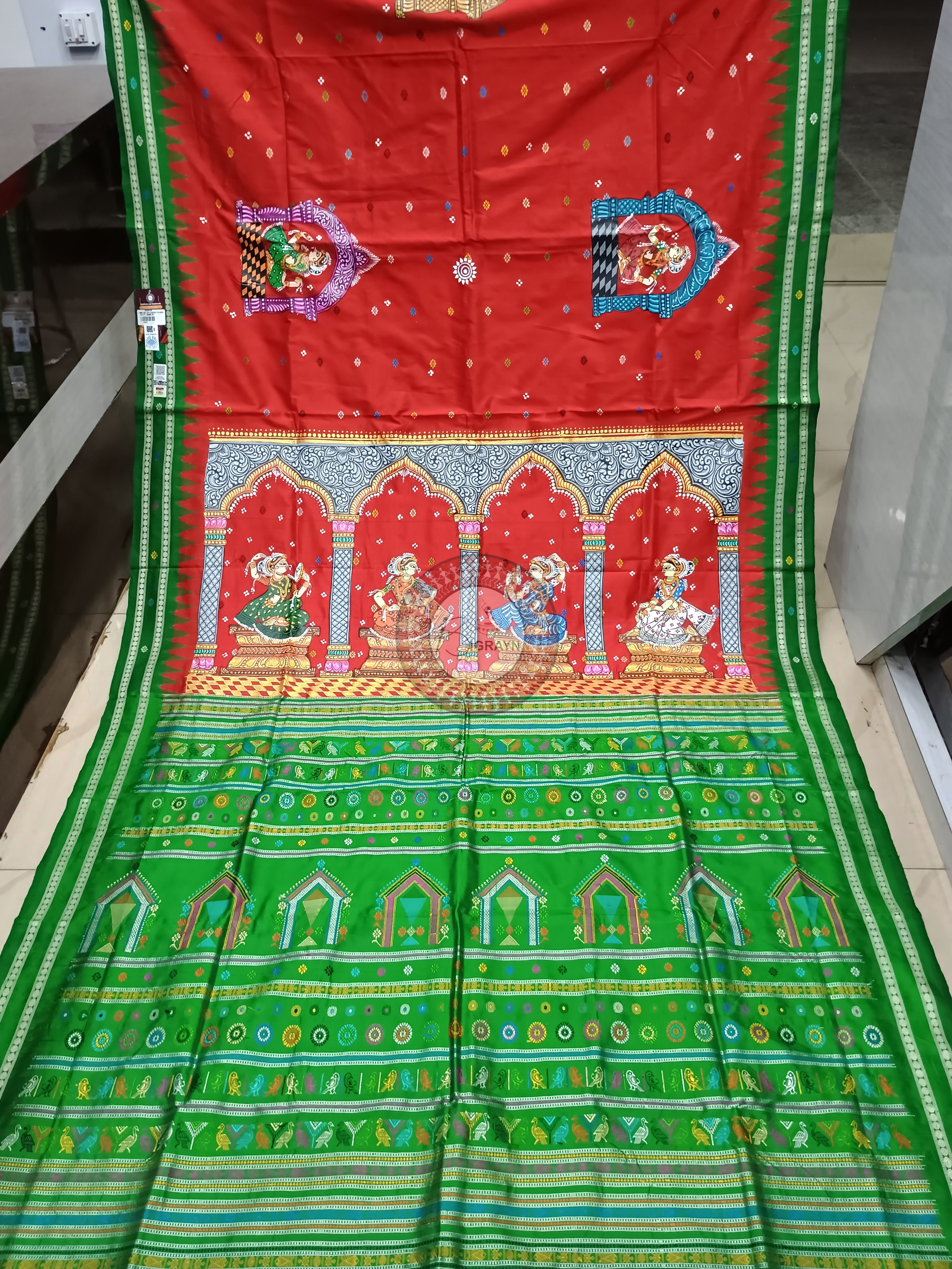 Red Green Dolabedi Design Theme Pattachitra Sambalpuri Silk Saree