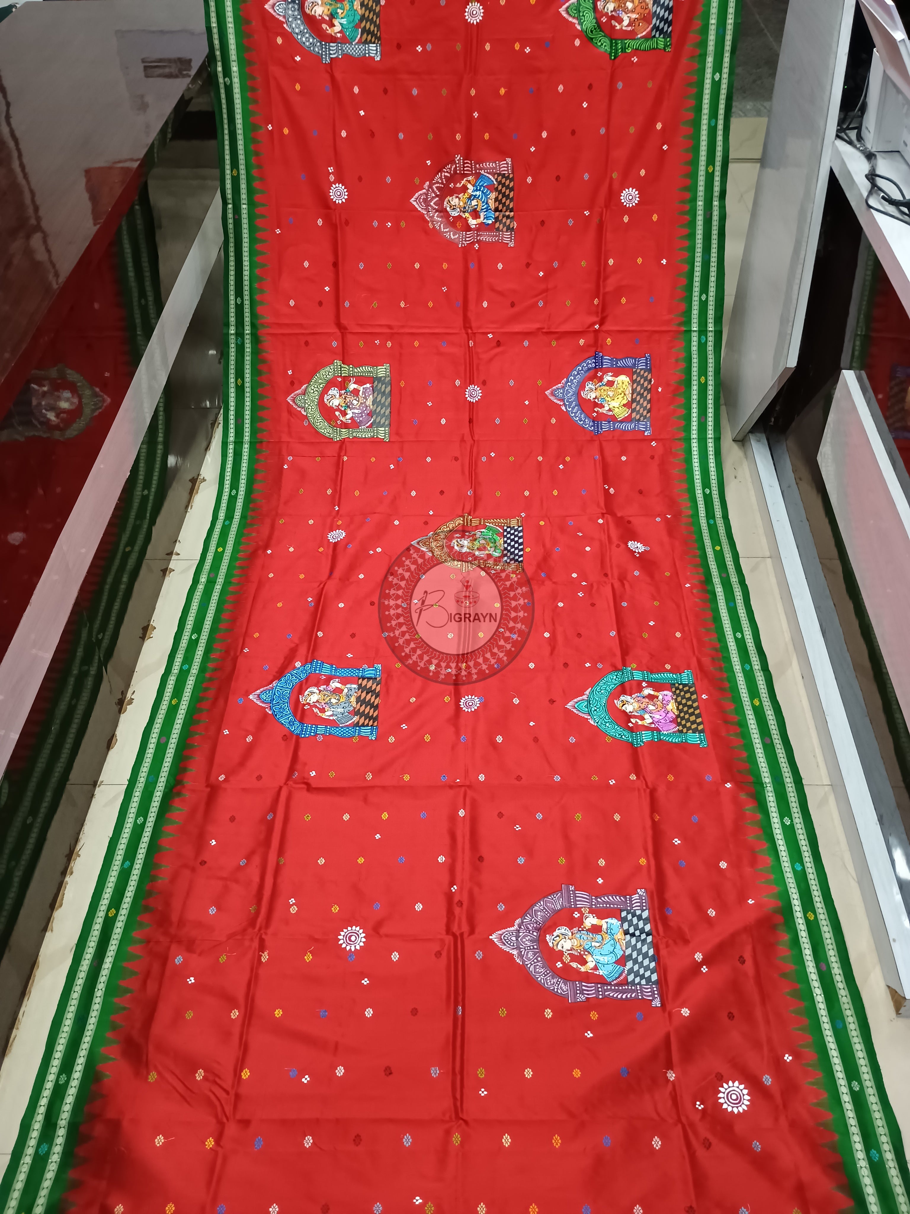 Red Green Dolabedi Design Theme Pattachitra Sambalpuri Silk Saree