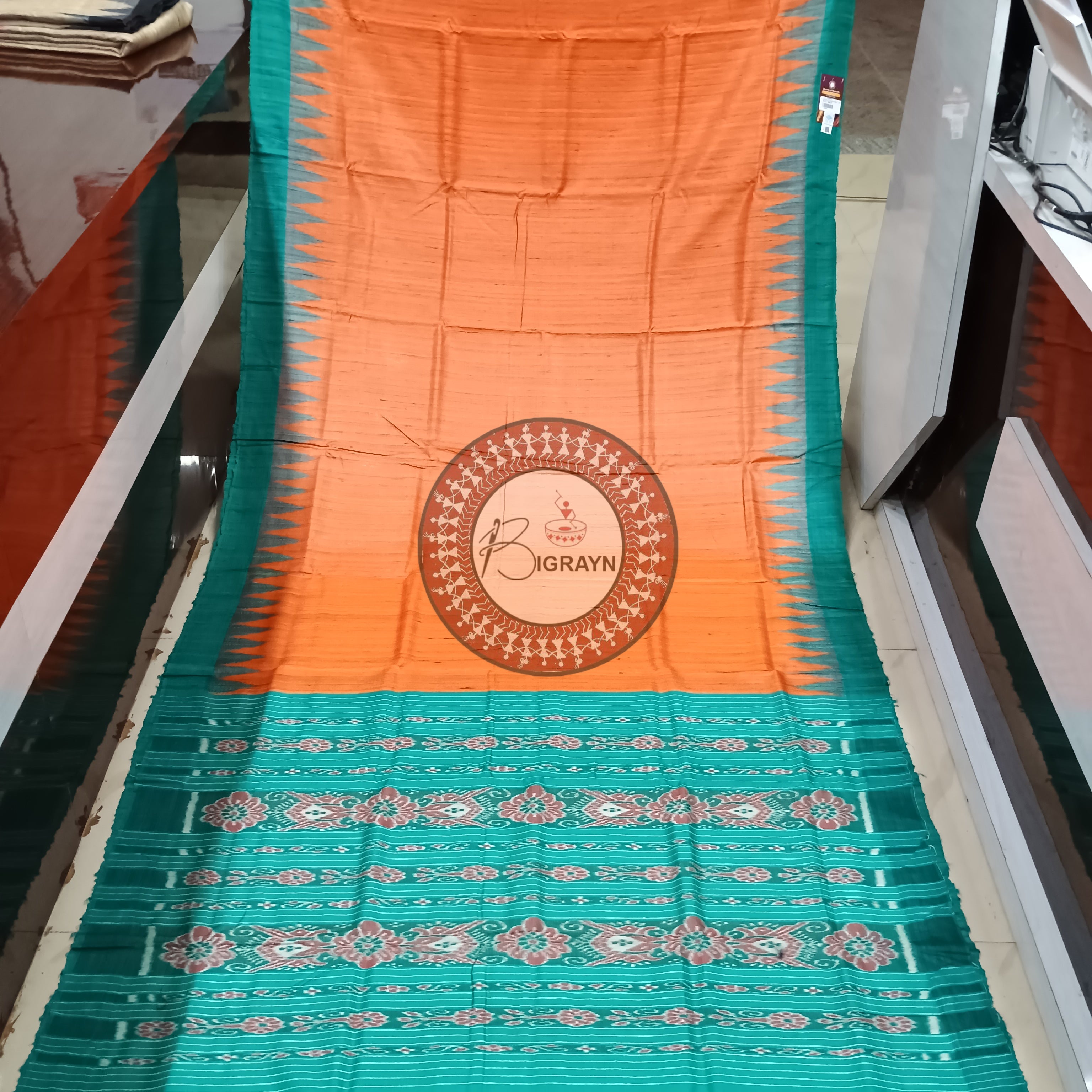 Orange Green Gopalpur Tussar Silk Saree
