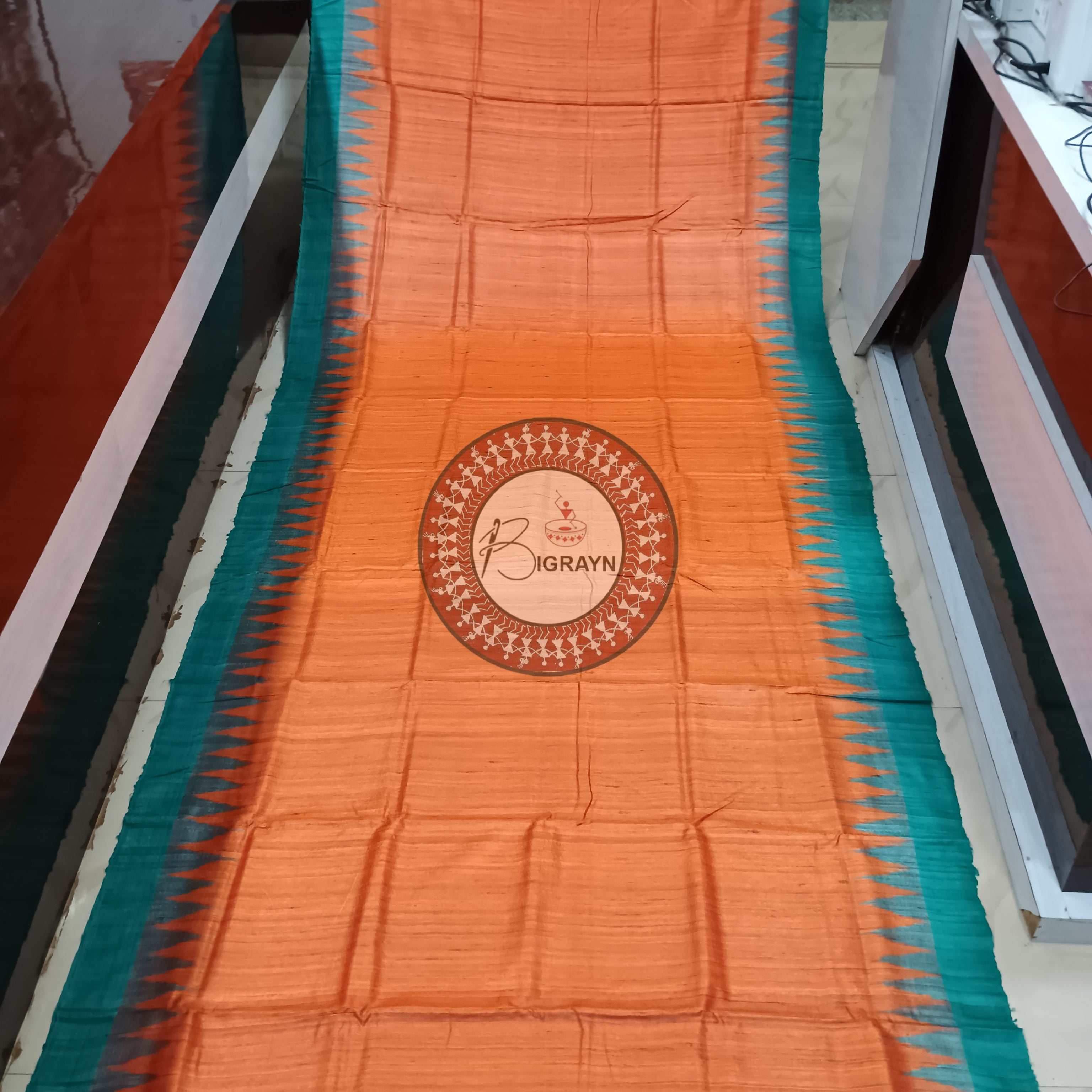 Orange Green Gopalpur Tussar Silk Saree