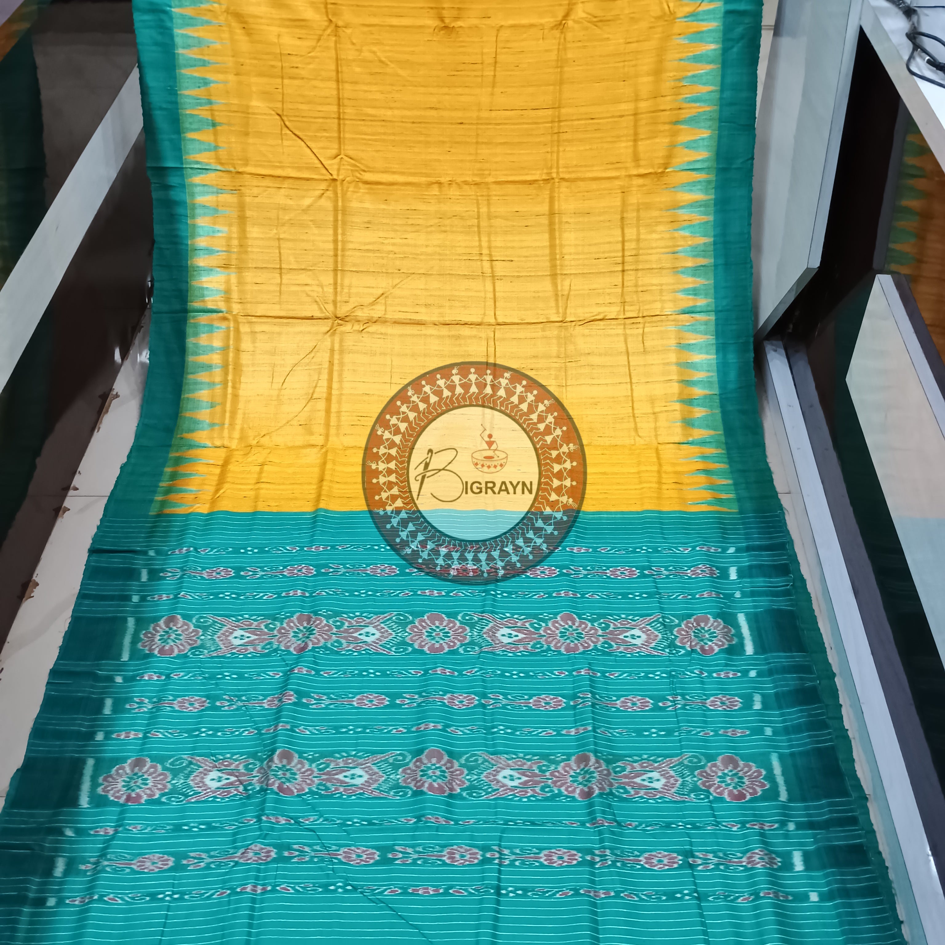 Mustard Yellow Green Gopalpur Tussar Silk Saree