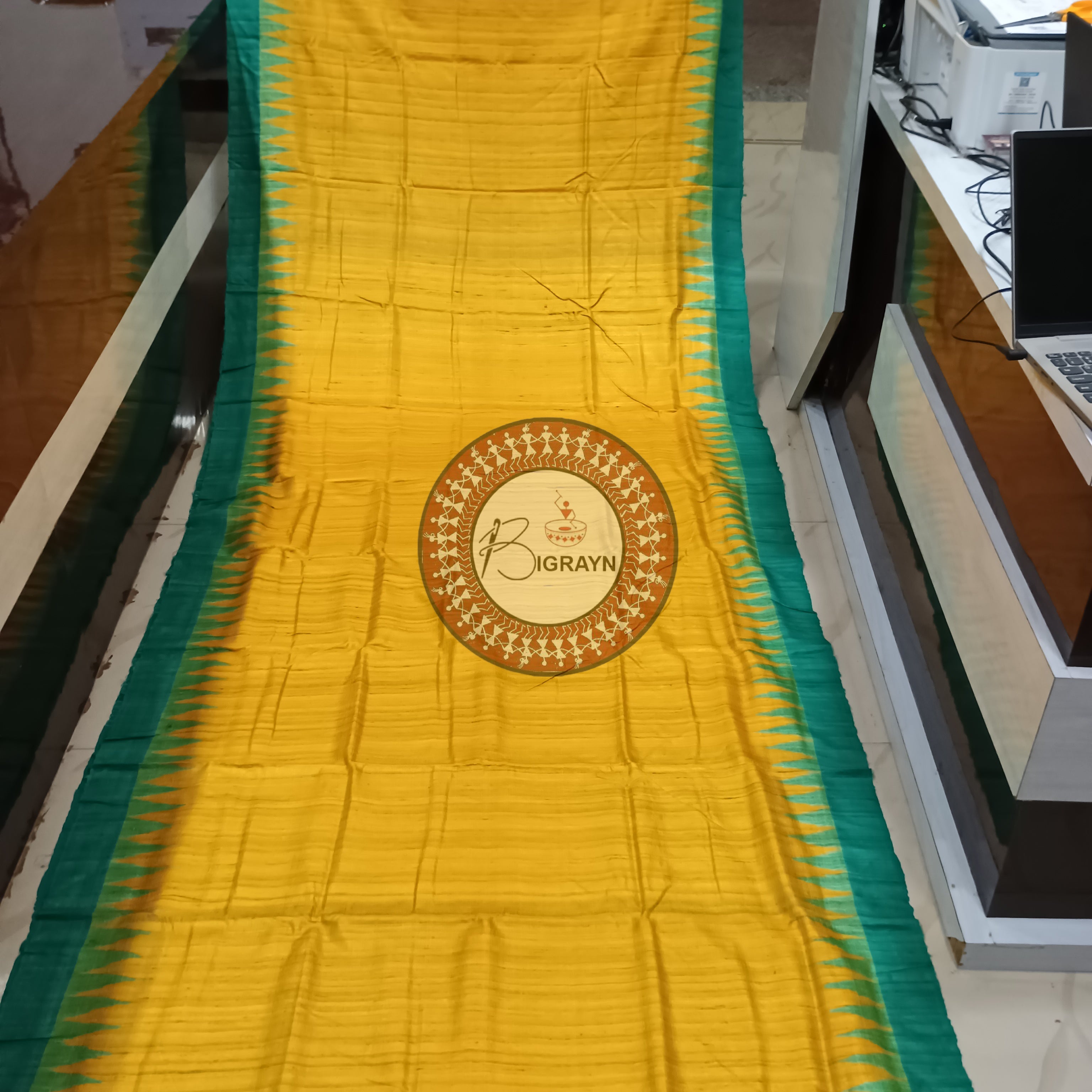 Mustard Yellow Green Gopalpur Tussar Silk Saree