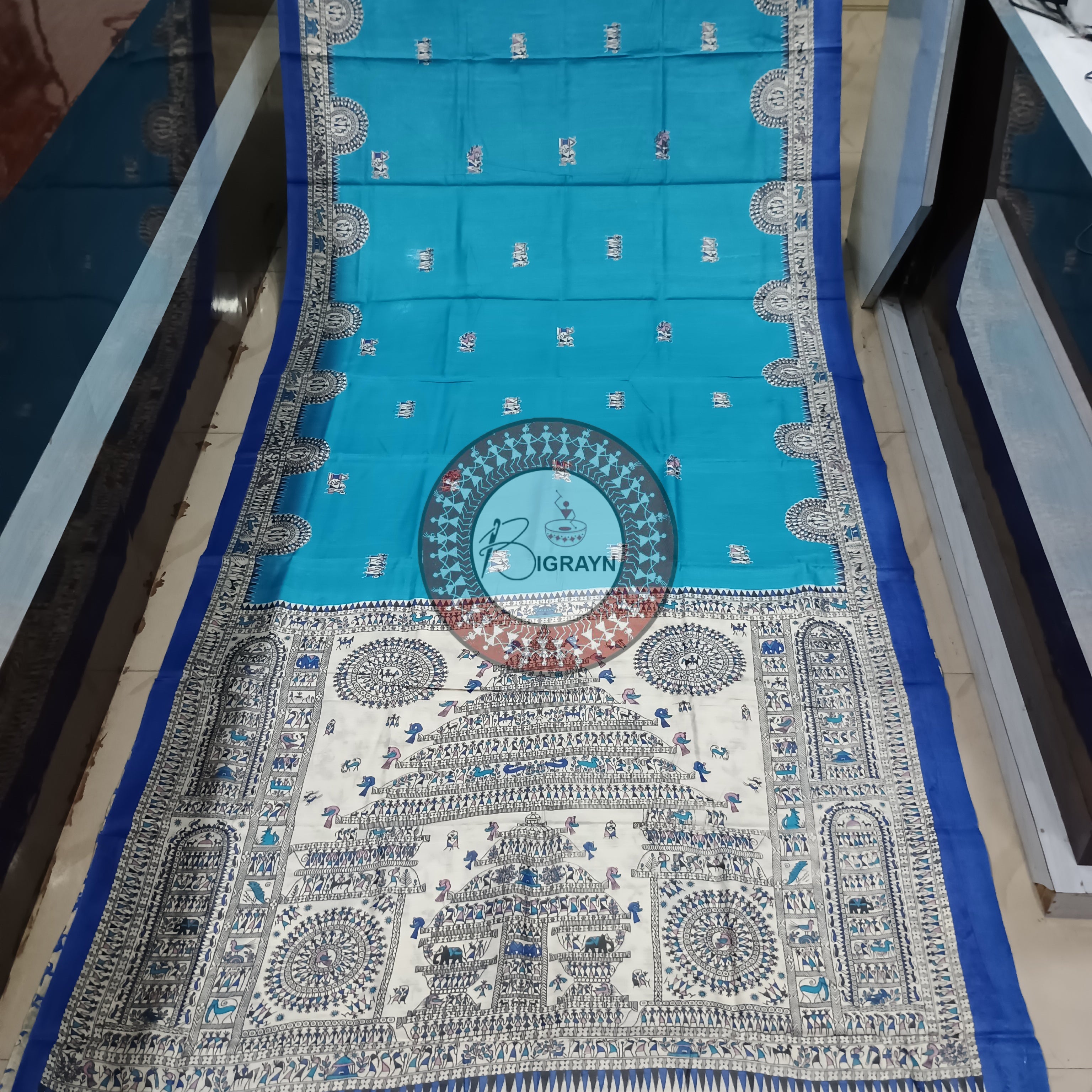 Copper Sulphate Block Printed Tussar Silk Saree