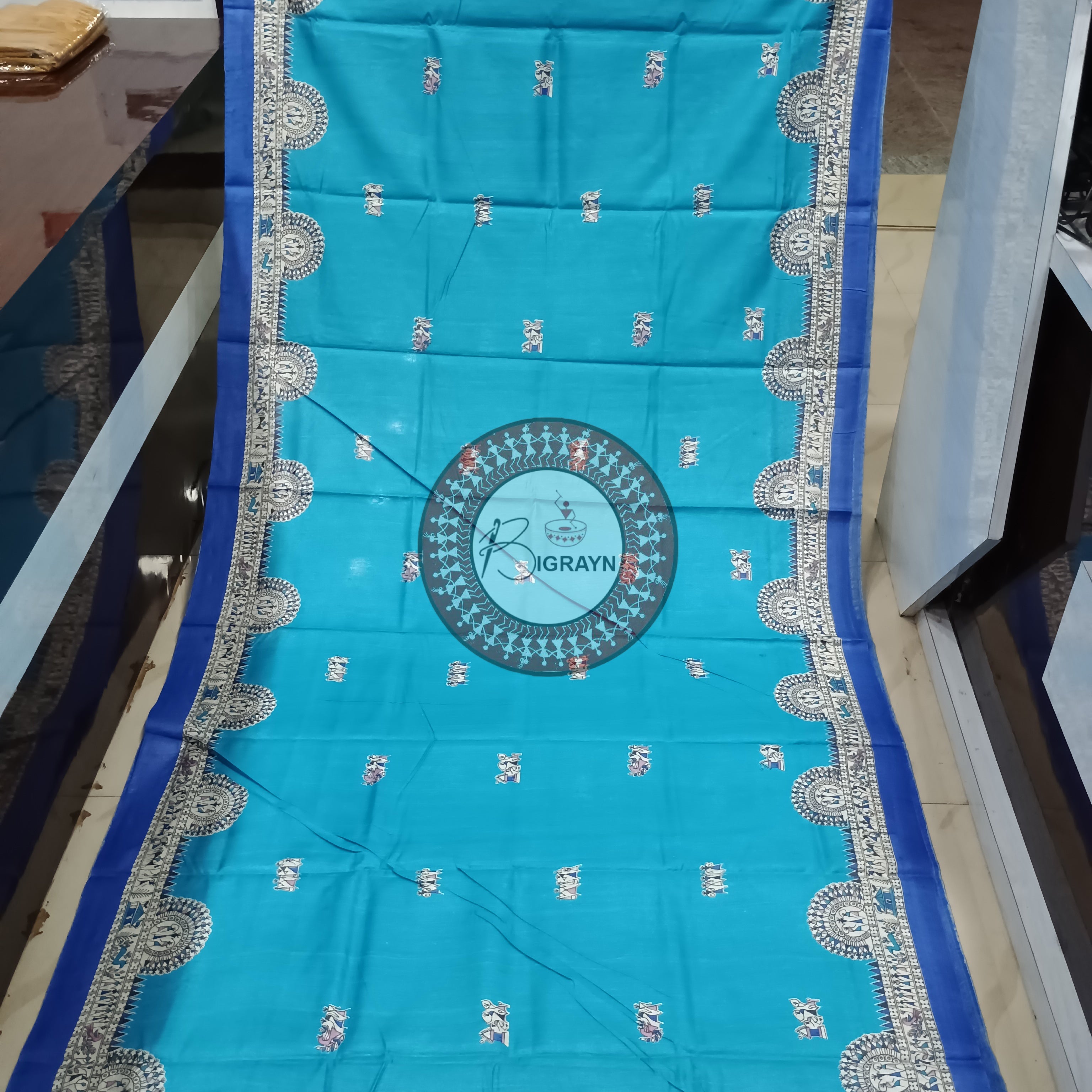 Copper Sulphate Block Printed Tussar Silk Saree