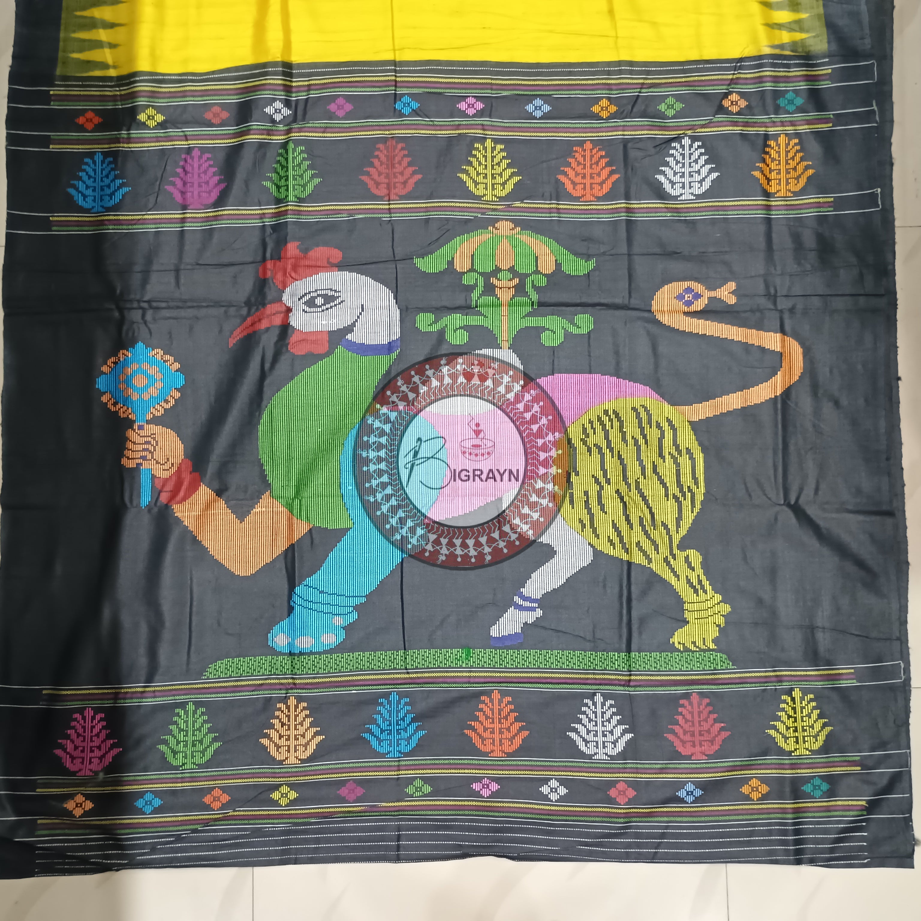 Yellow Black Nabagunjara Tussar Silk Saree