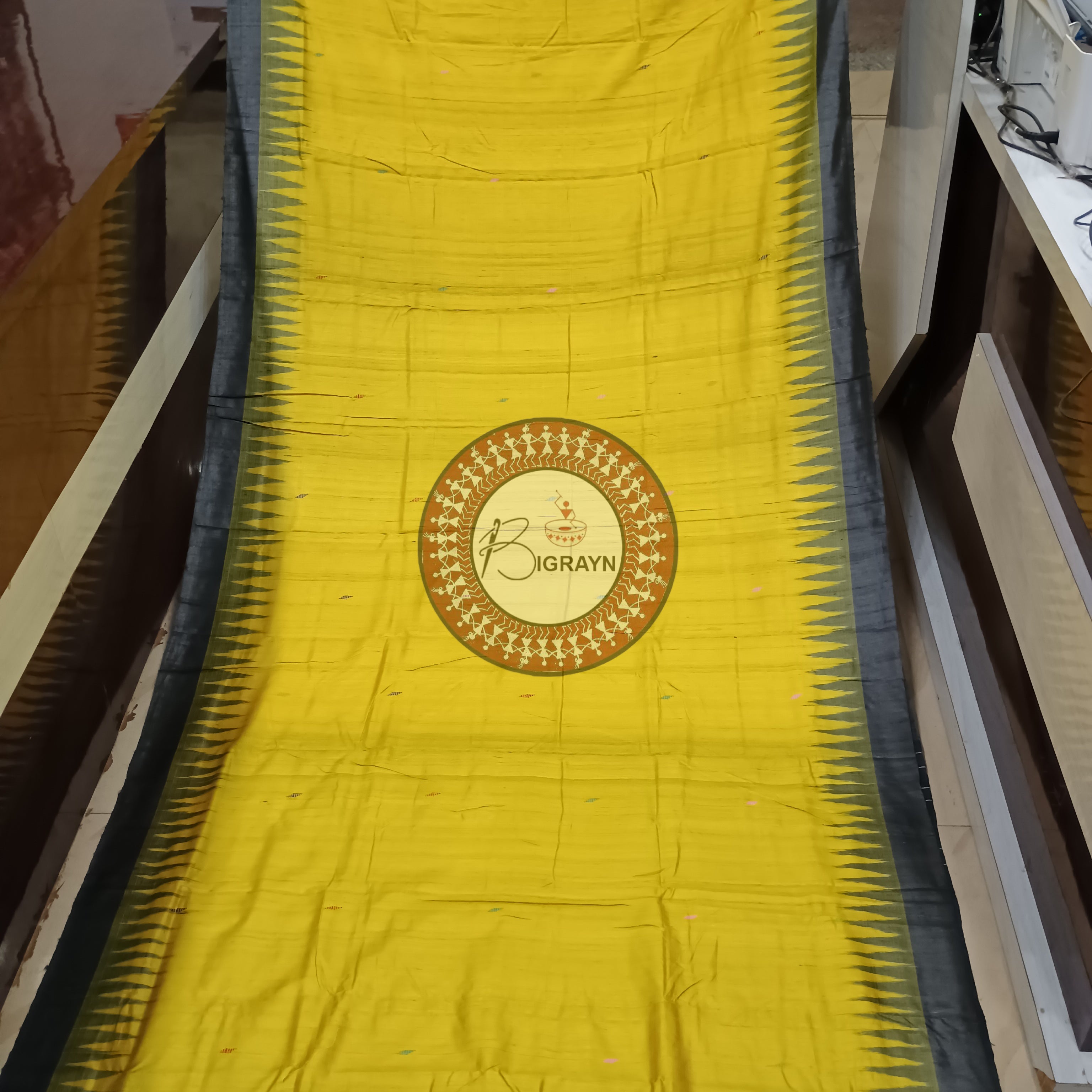 Yellow Black Nabagunjara Tussar Silk Saree