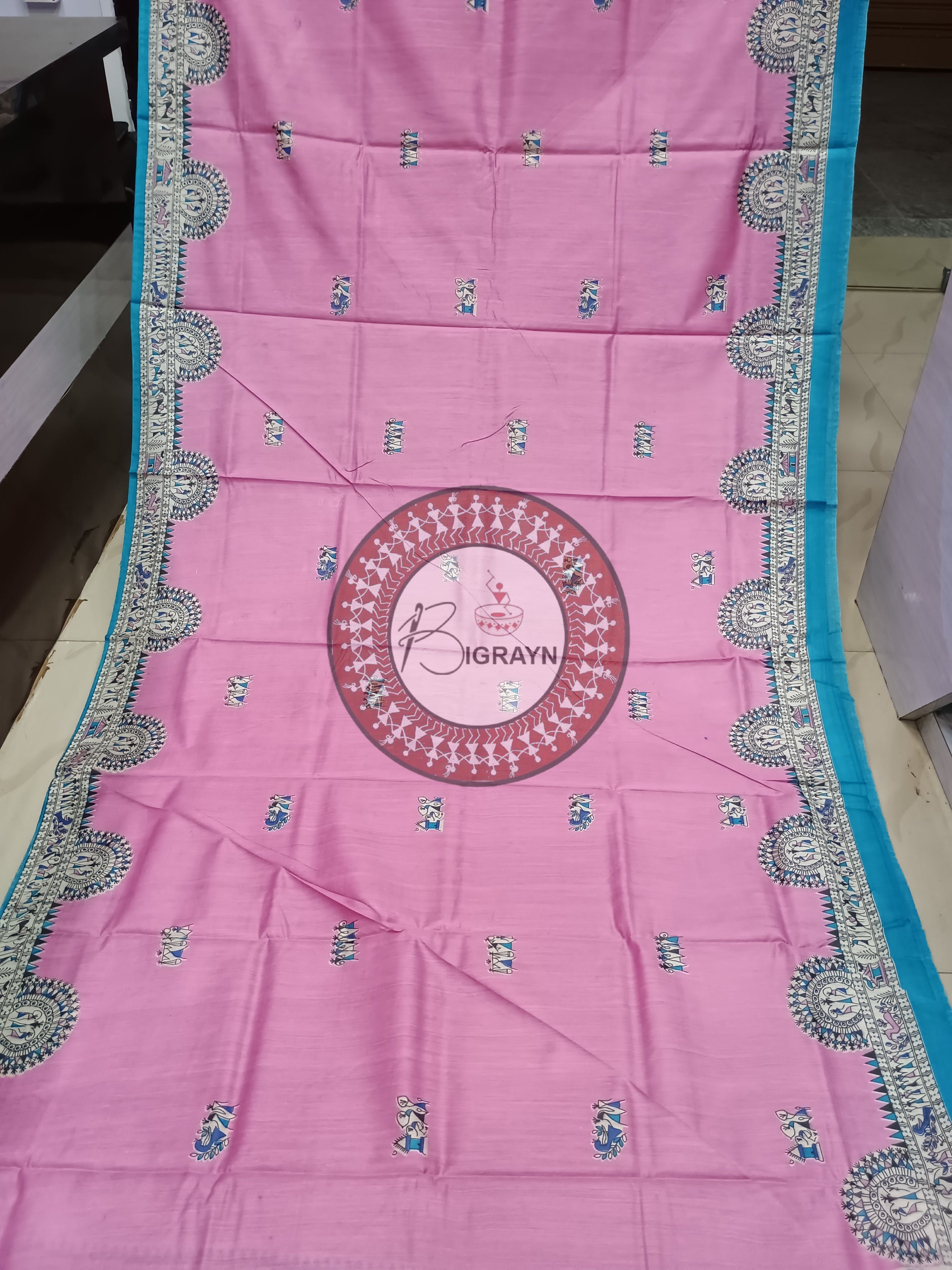 Pink Off White Block Printed Tussar Silk Saree