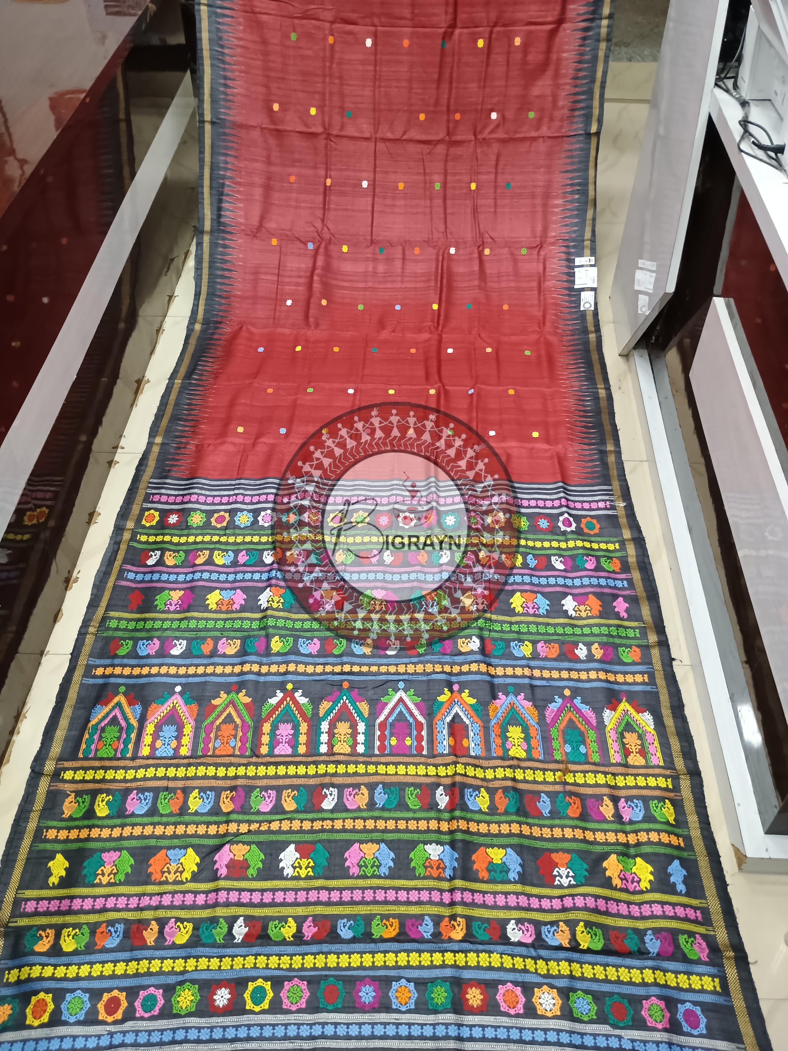 Maroon Black Temple Gopalpur Tussar Silk Saree