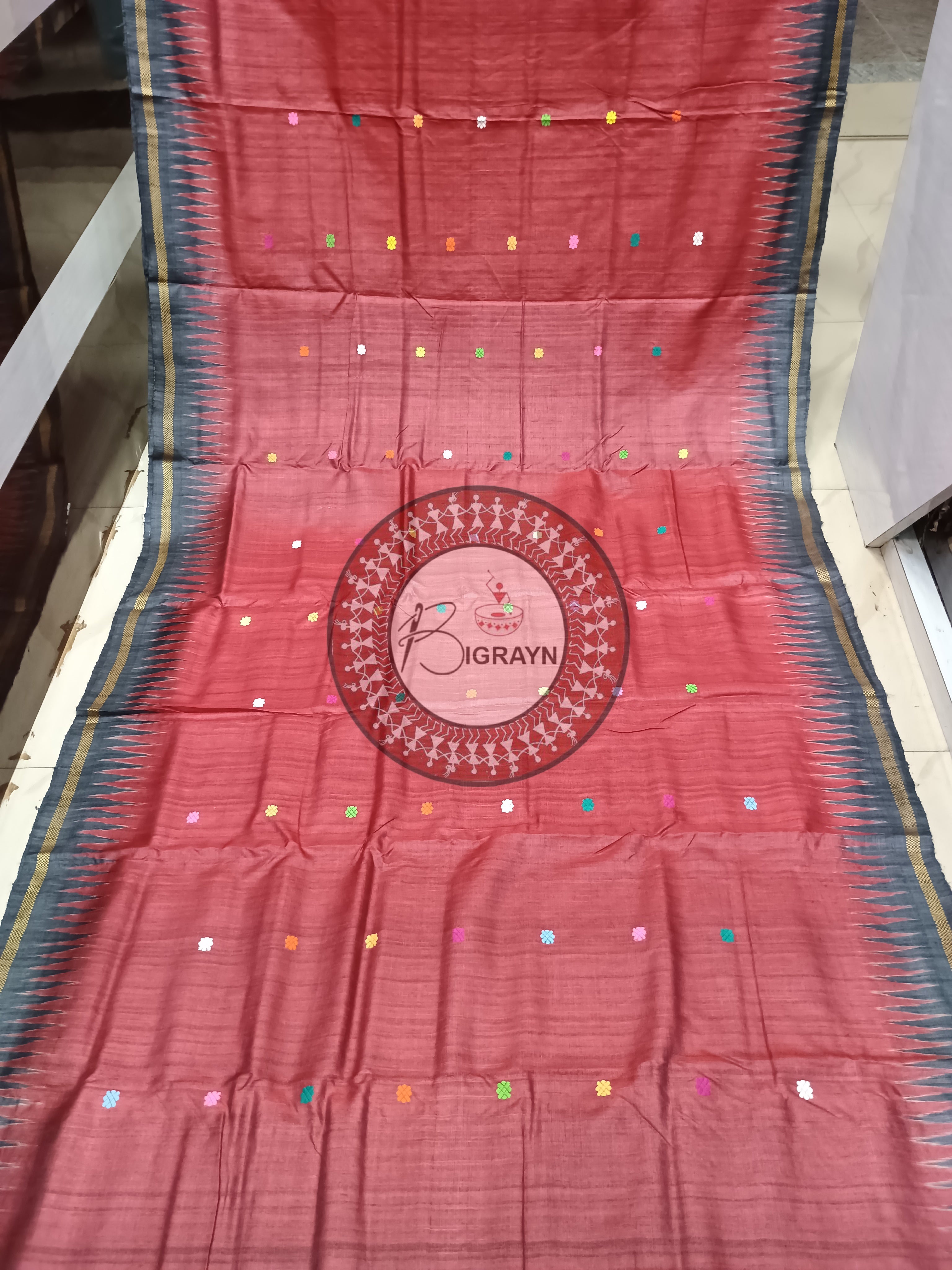 Maroon Black Temple Gopalpur Tussar Silk Saree