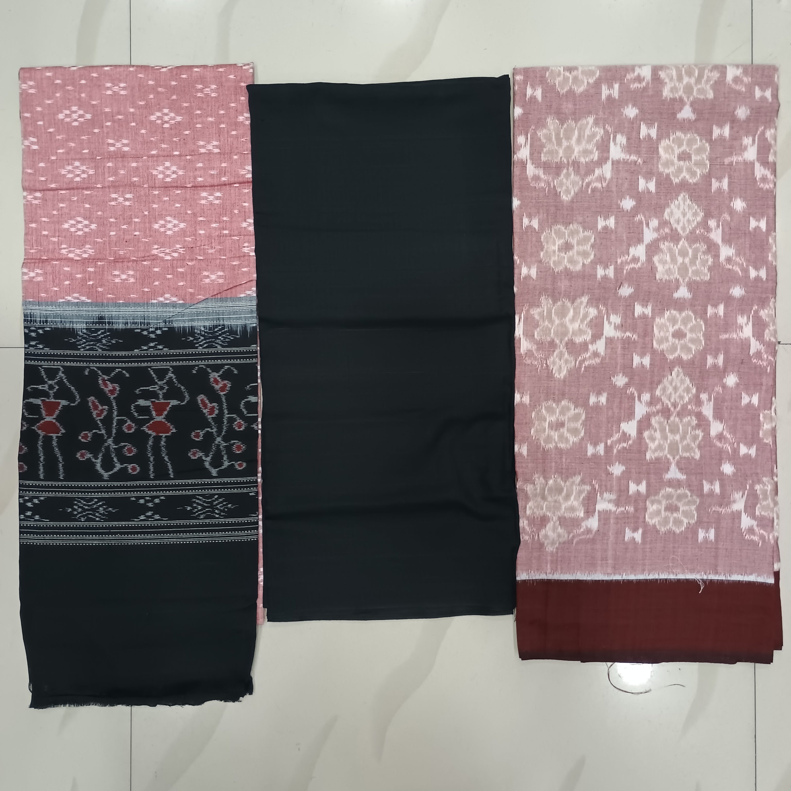 Peach Black Lotus Design Handwoven Odisha Ikat Unstitched Dress Material Set (Top 2.5m, Bottom 2m, Dupatta 2.5m)