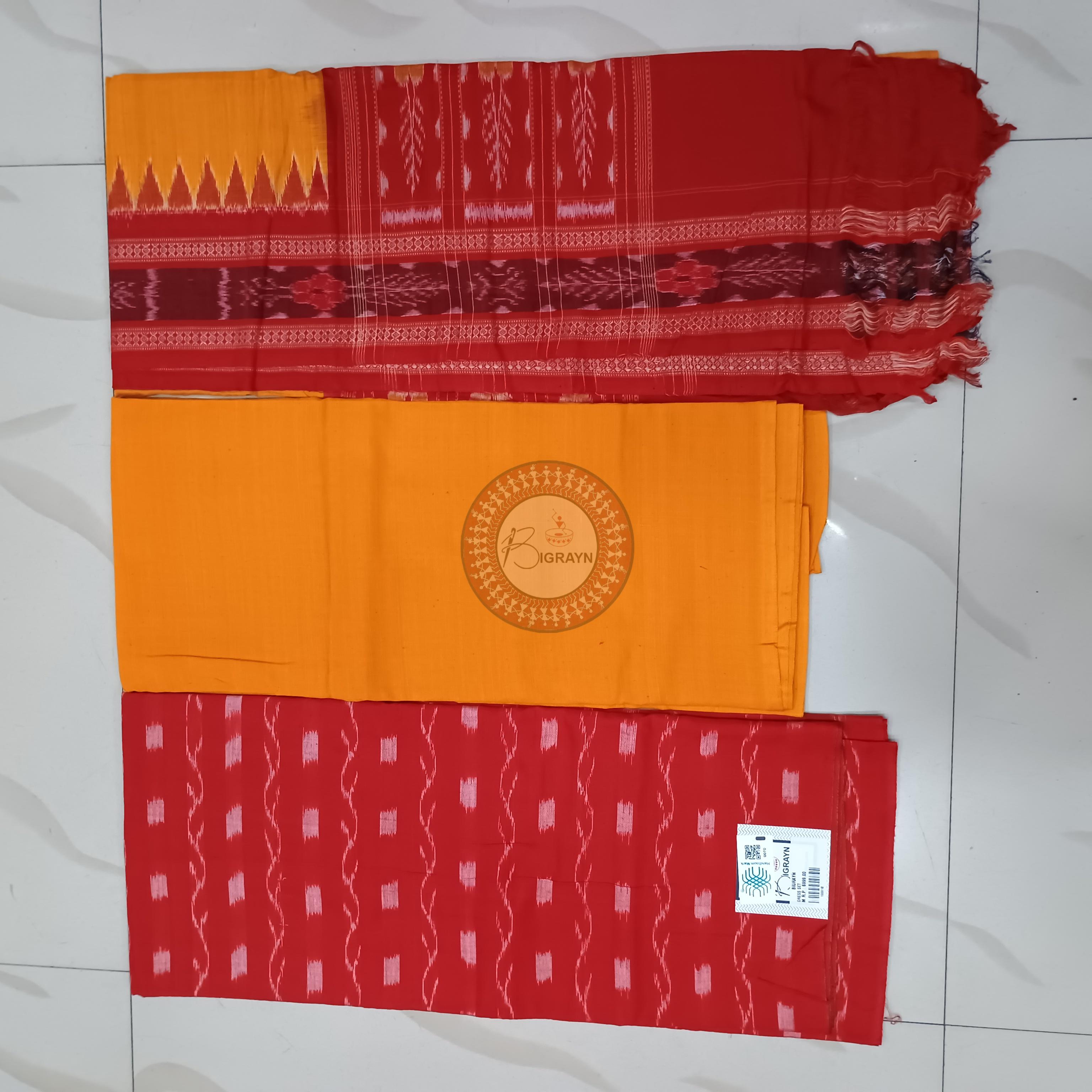 Red Yellow Lata Design Handwoven Odisha Ikat Unstitched Dress Material Set (Top 2.5m, Bottom 2m, Dupatta 2.5m)