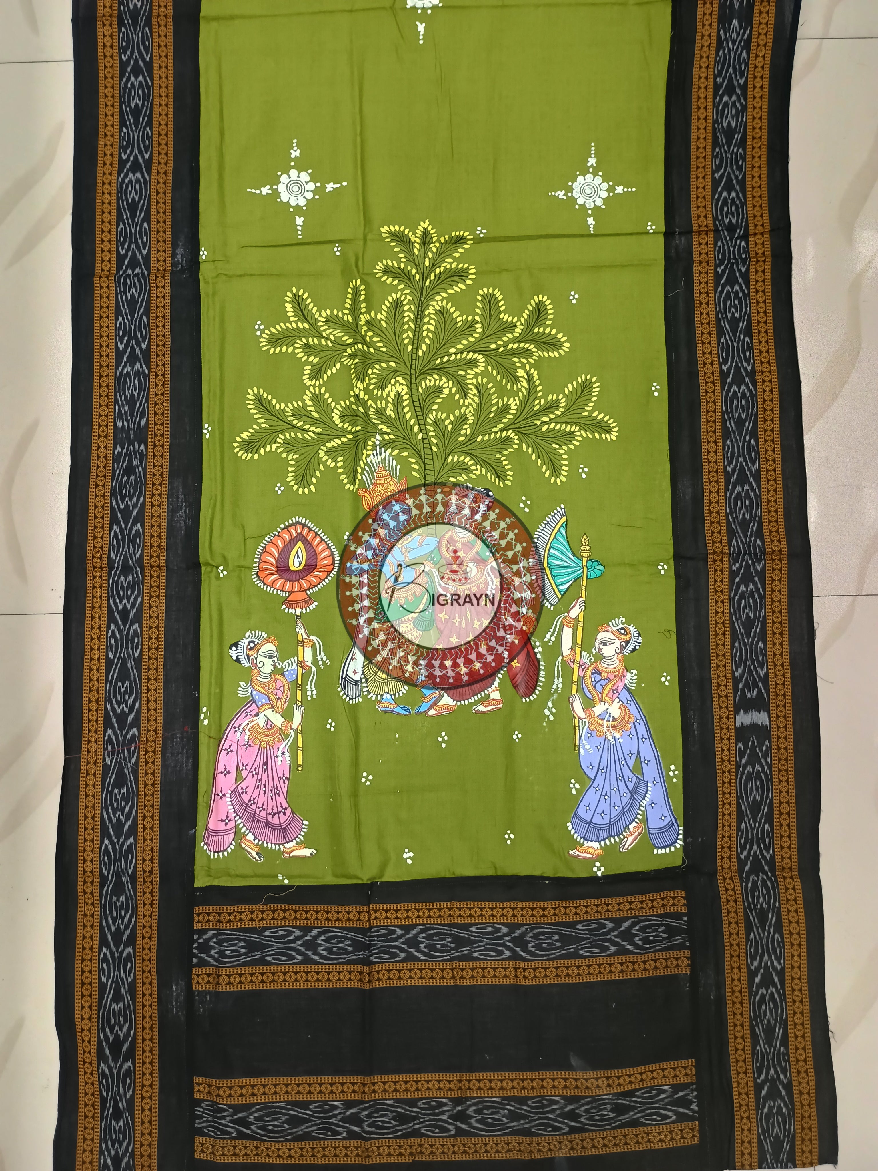 Mehendi Black Radha Krishna Rasa Pattachitra Cotton Dupatta