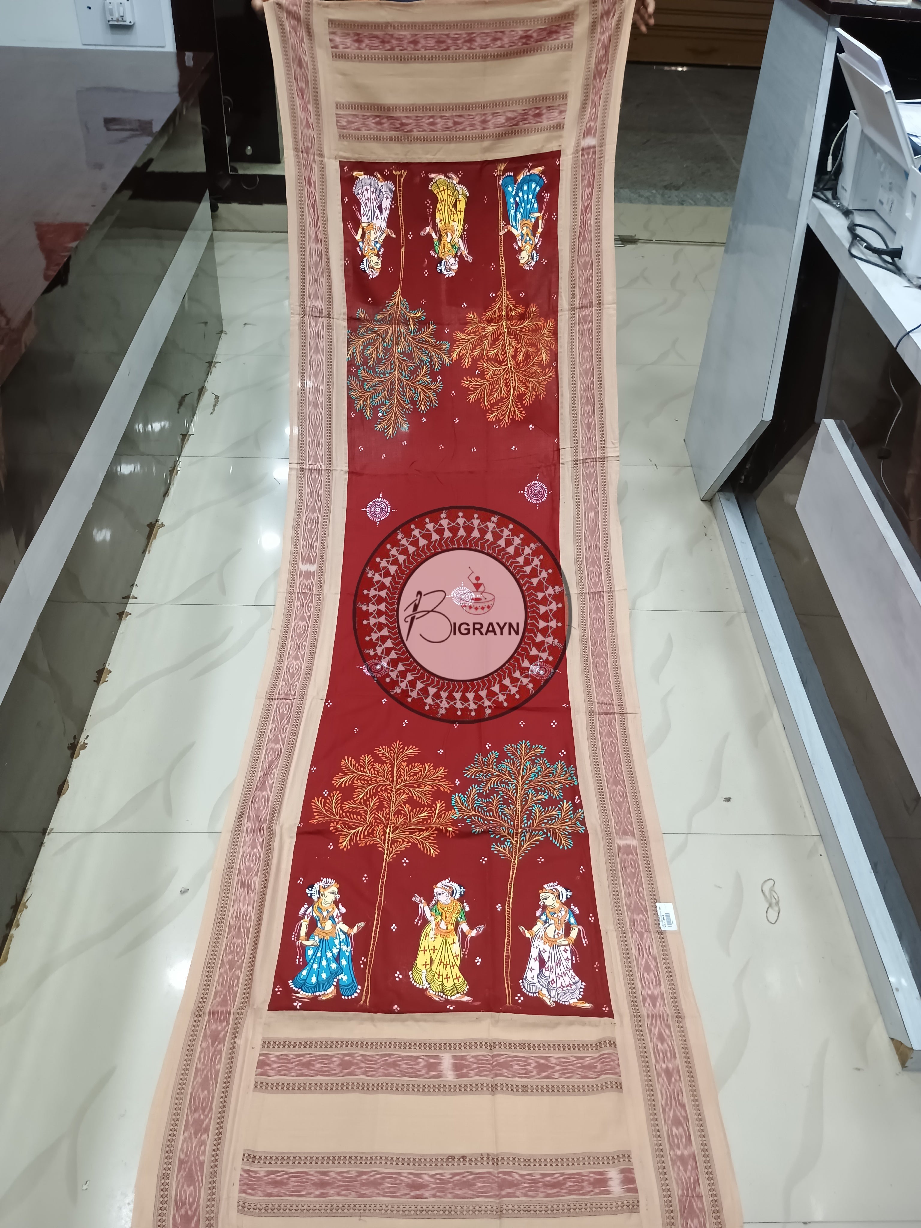 Maroon Off White Dancer Pattachitra Cotton Dupatta