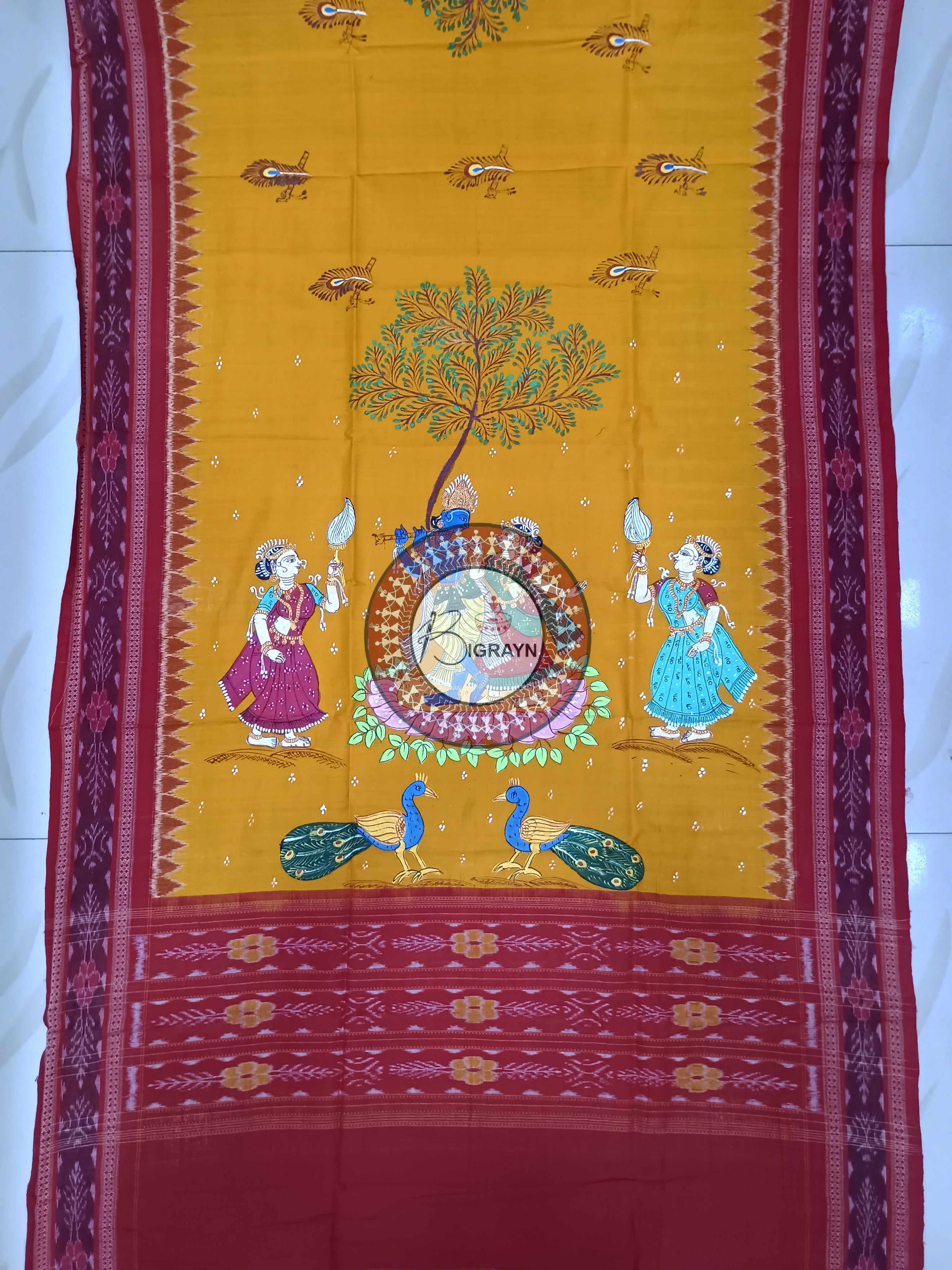 Yellow Red Radha Krishna Rasa Pattachitra Cotton Dupatta