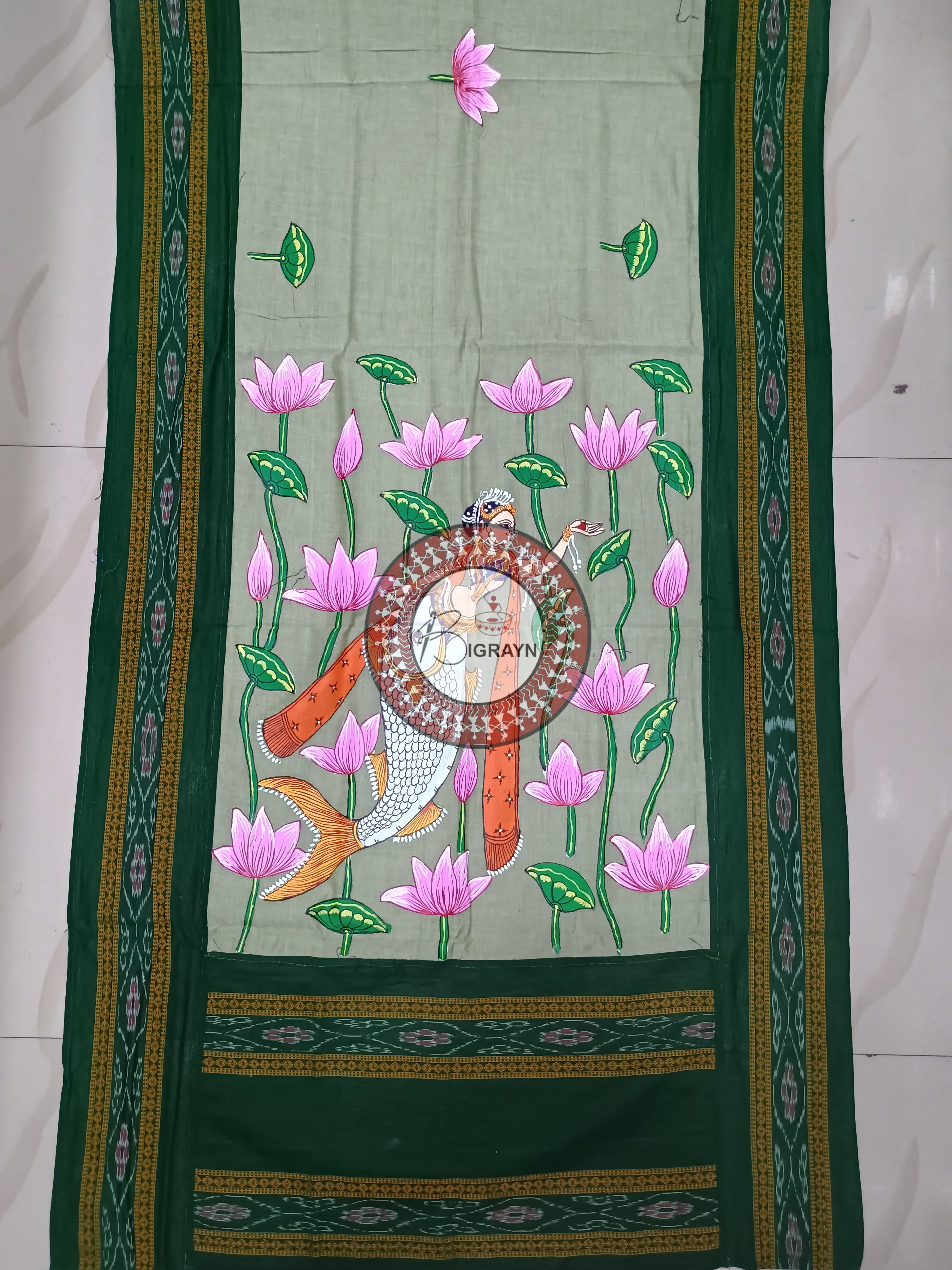 Grey Green Matsya Kanya Pattachitra Cotton Dupatta