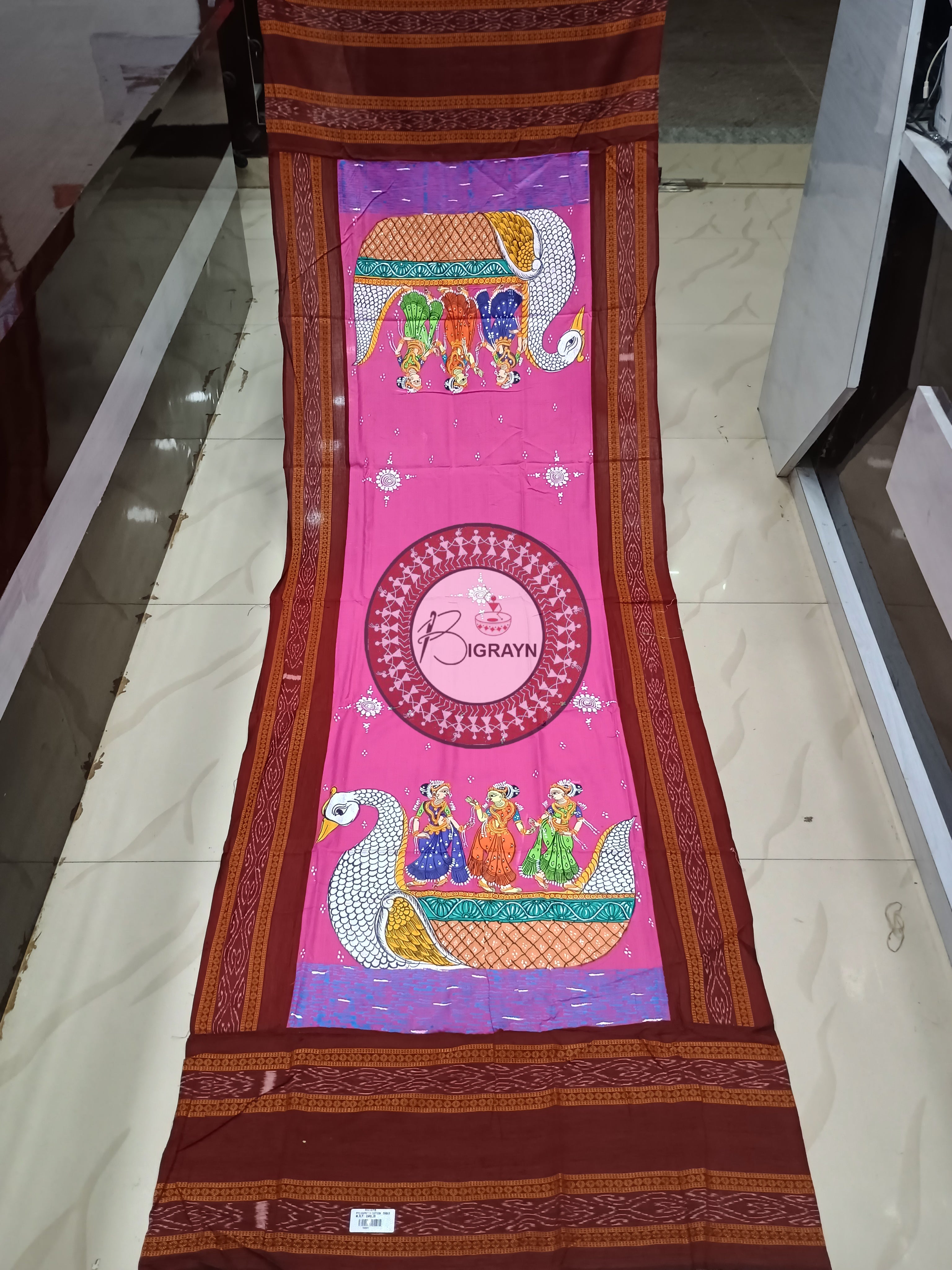Pink Maroon Boita Theme Pattachitra Cotton Dupatta