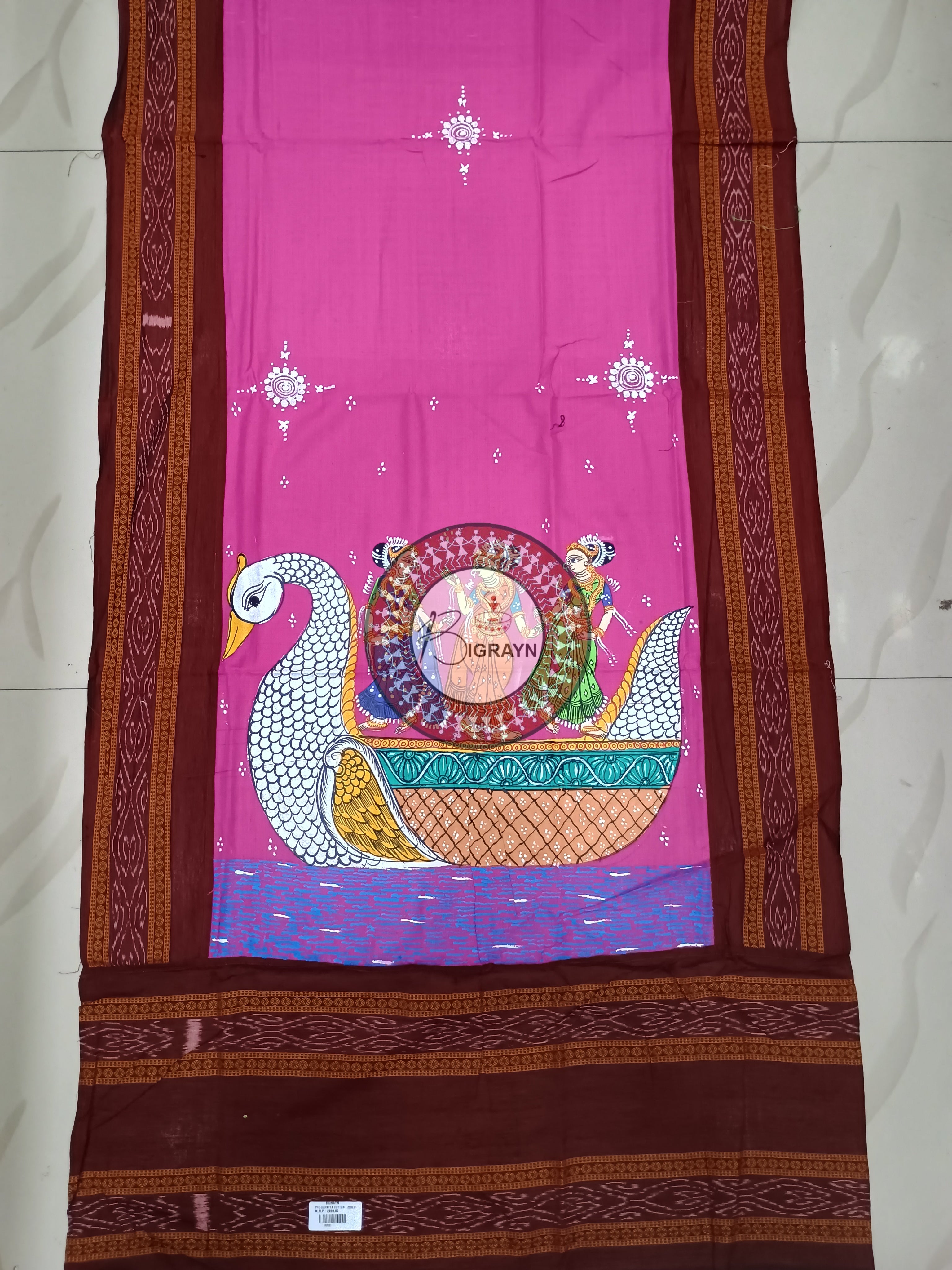 Pink Maroon Boita Theme Pattachitra Cotton Dupatta