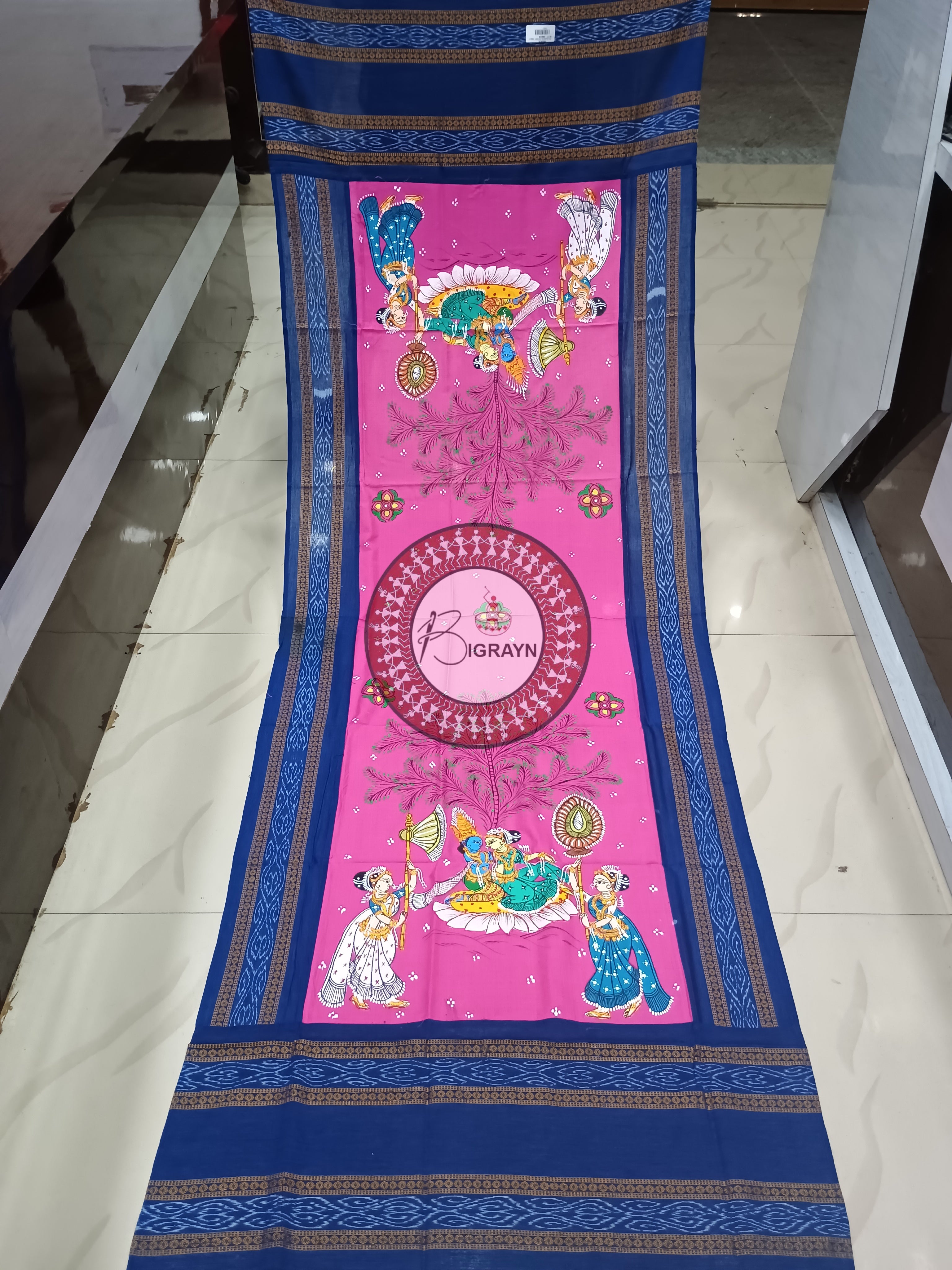 Pink Indigo Blue Radha Krishna Rasa Pattachitra Cotton Dupatta