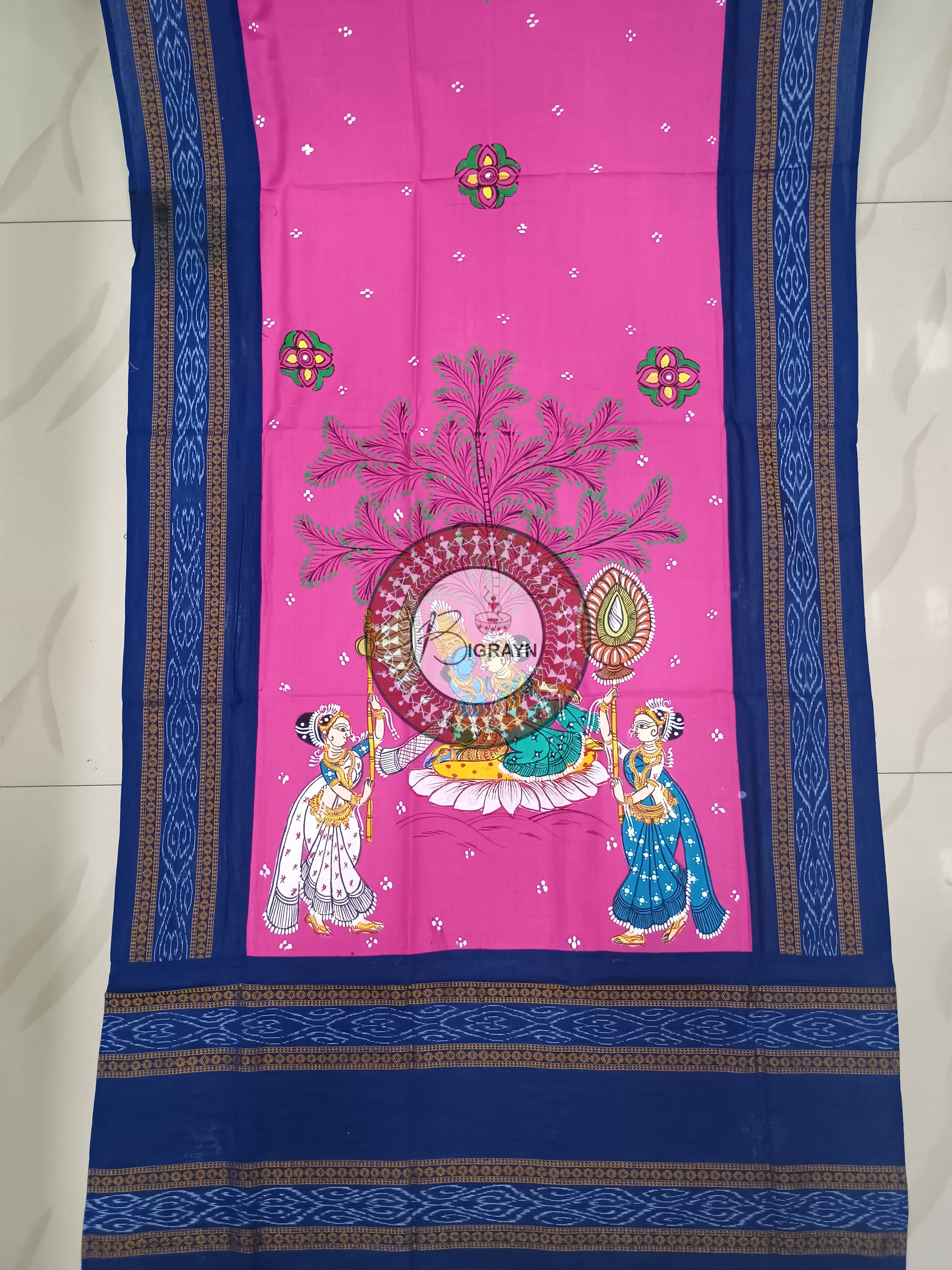 Pink Indigo Blue Radha Krishna Rasa Pattachitra Cotton Dupatta